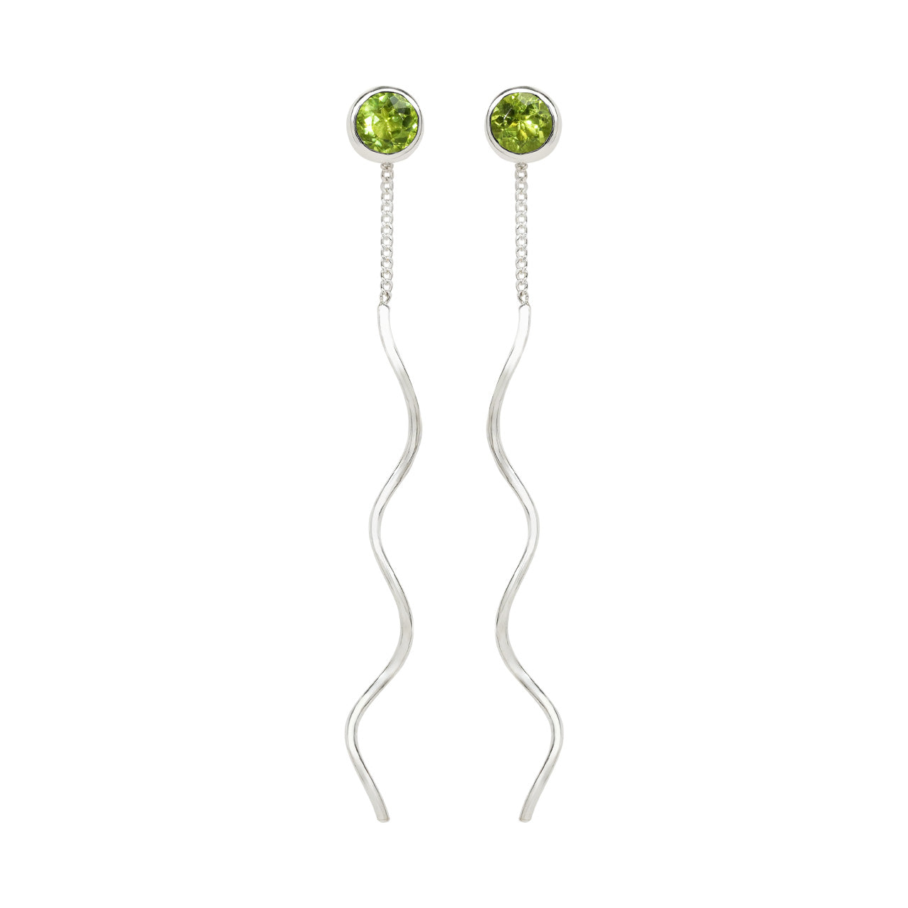 Starborn Faceted Peridot Stud Earrings with Flowing Curled Wire Drop in Sterling Silver