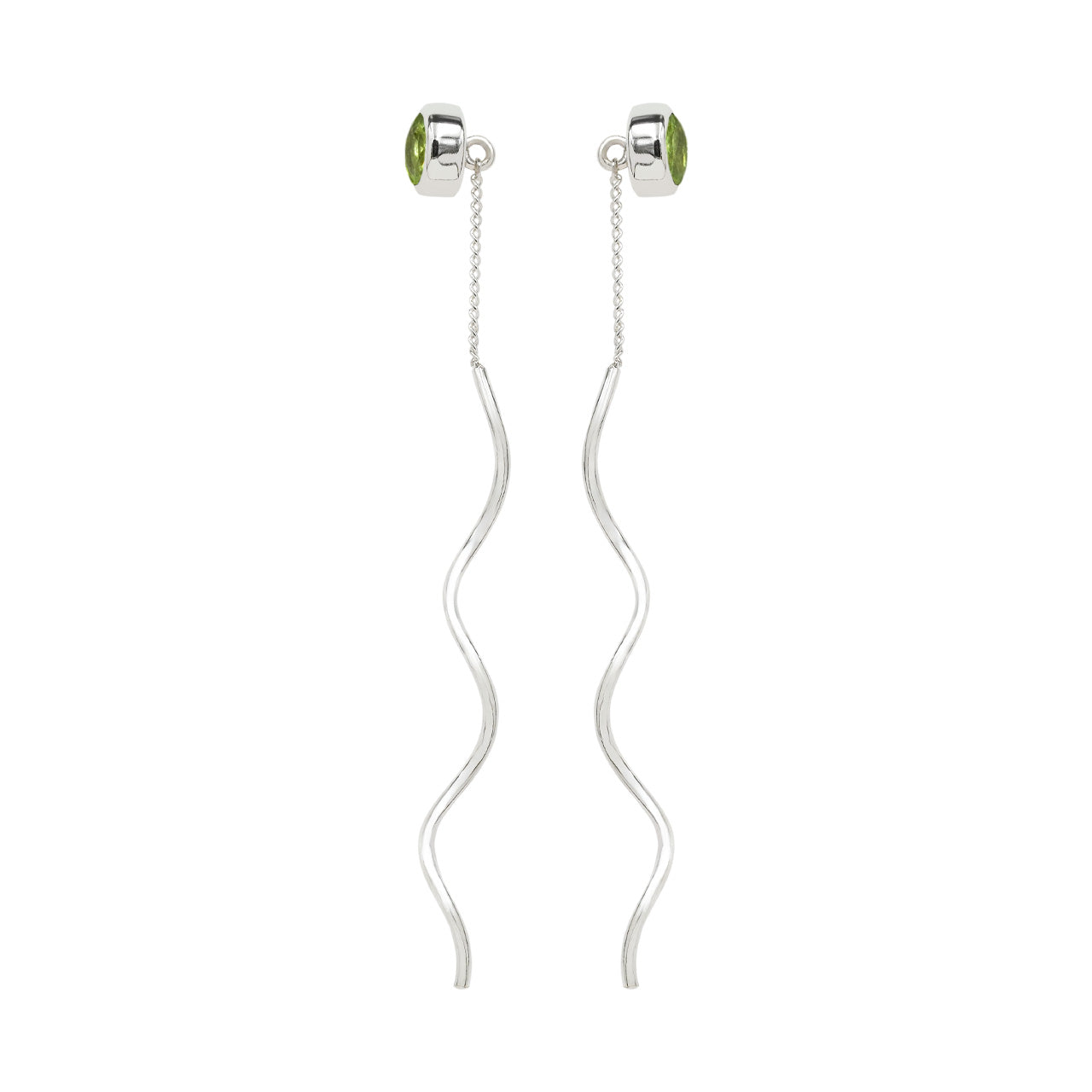 Starborn Faceted Peridot Stud Earrings with Flowing Curled Wire Drop in Sterling Silver