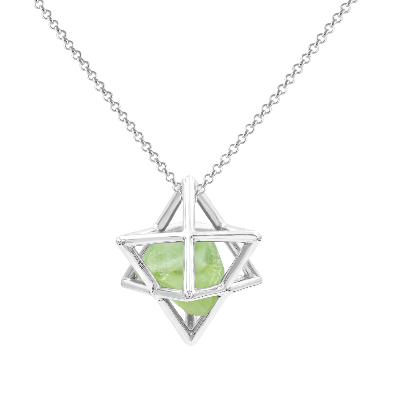 Starborn Natural Raw Peridot in Merkabah Sterling Silver Cage Pendant and Chain