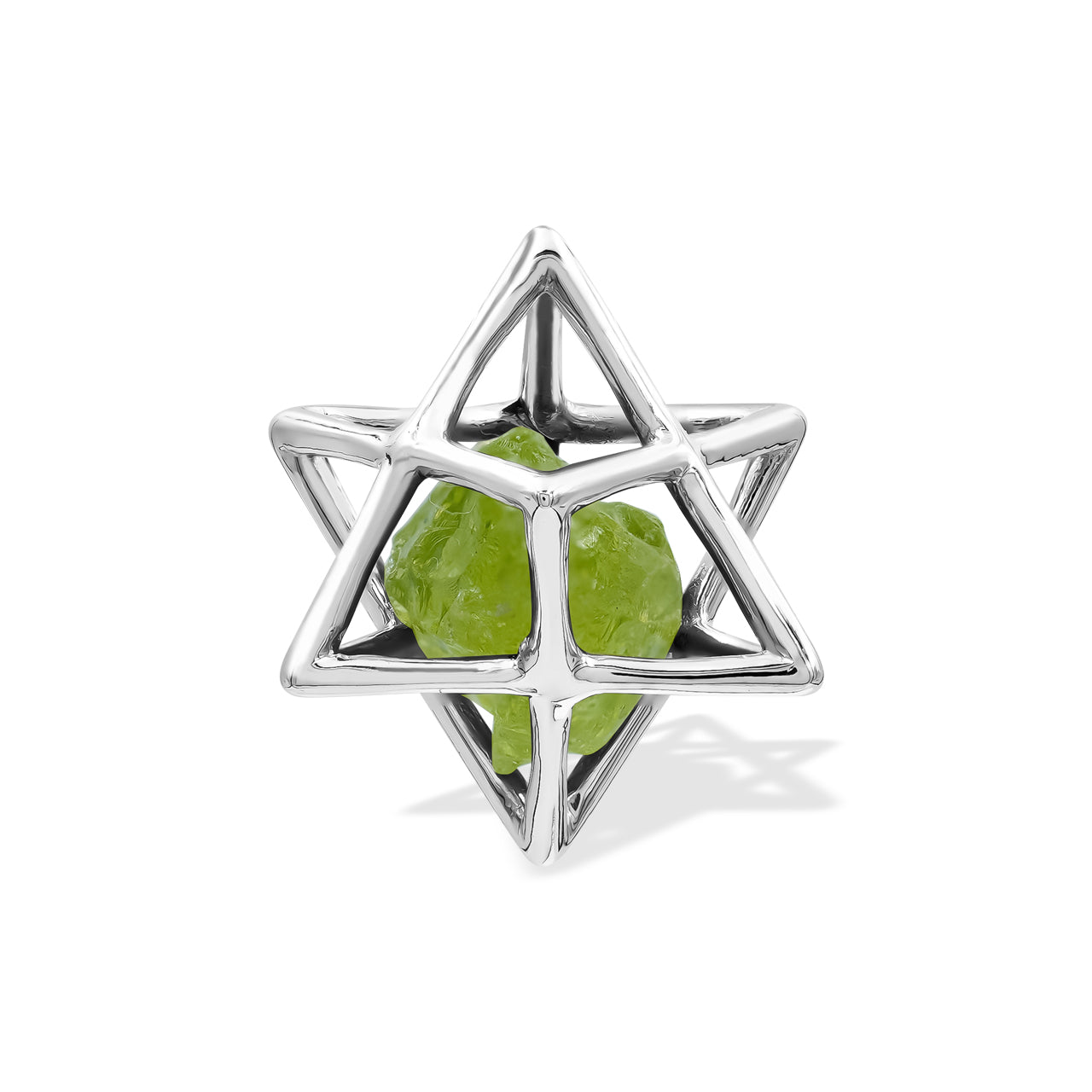 Starborn Natural Raw Peridot in Merkabah Sterling Silver Cage Pendant and Chain