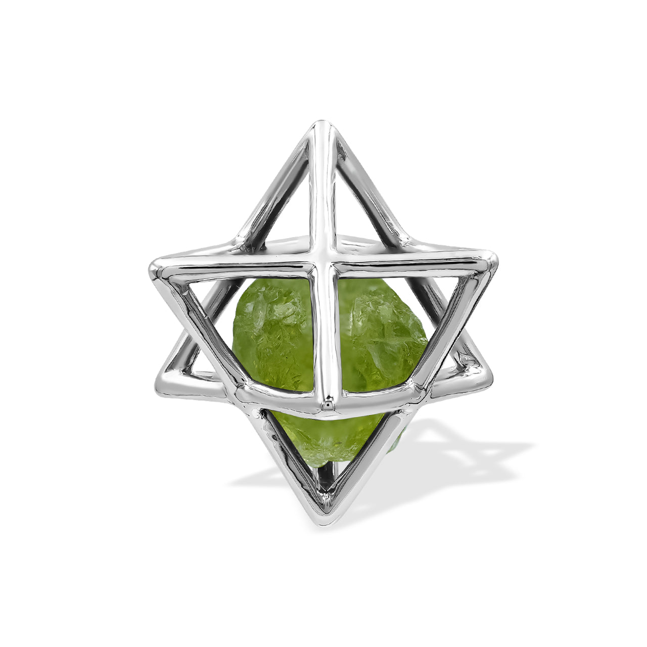 Starborn Natural Raw Peridot in Merkabah Sterling Silver Cage Pendant and Chain