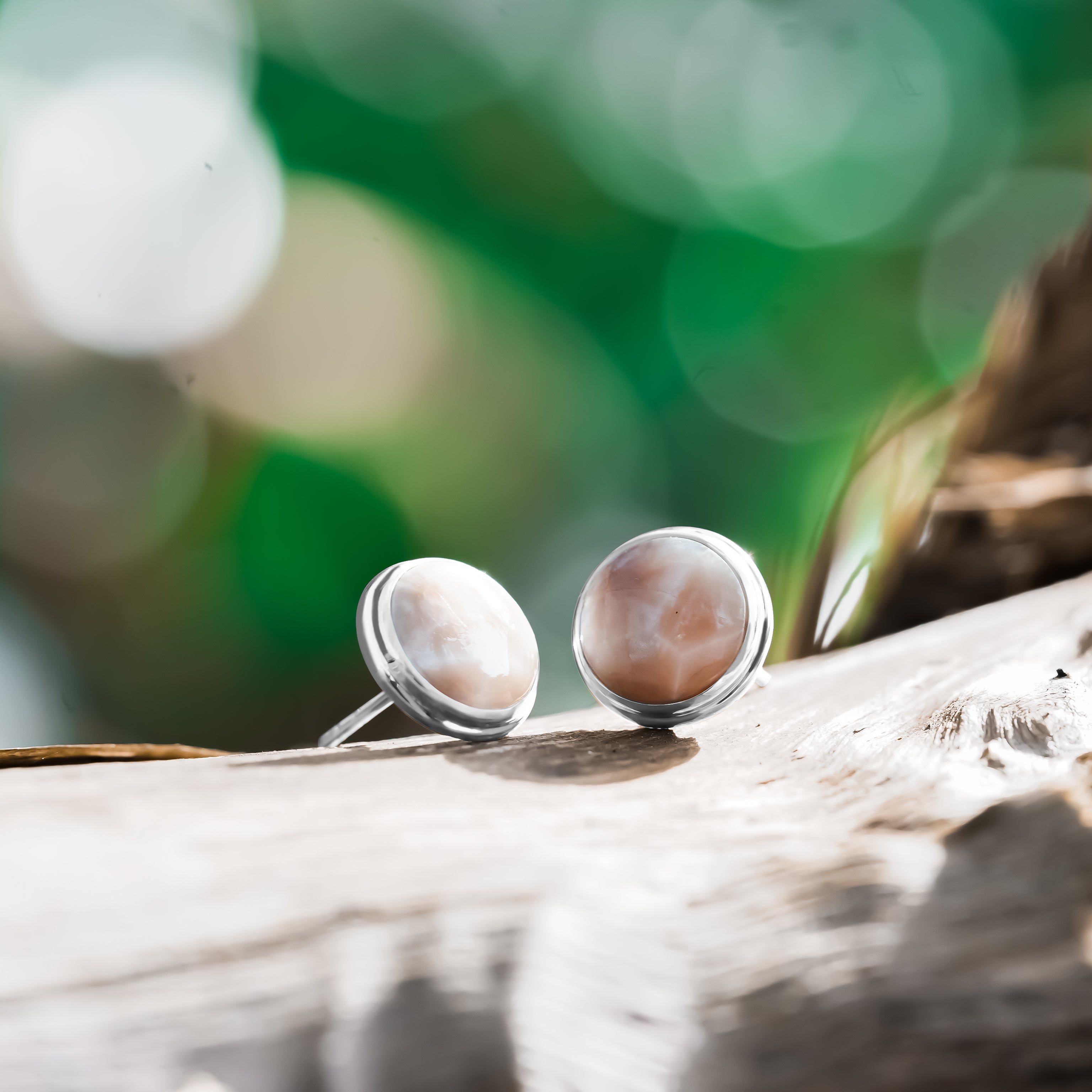 Starborn Pink Natrolite Round Cabochon Double Bezel Post Earrings in Sterling Silver