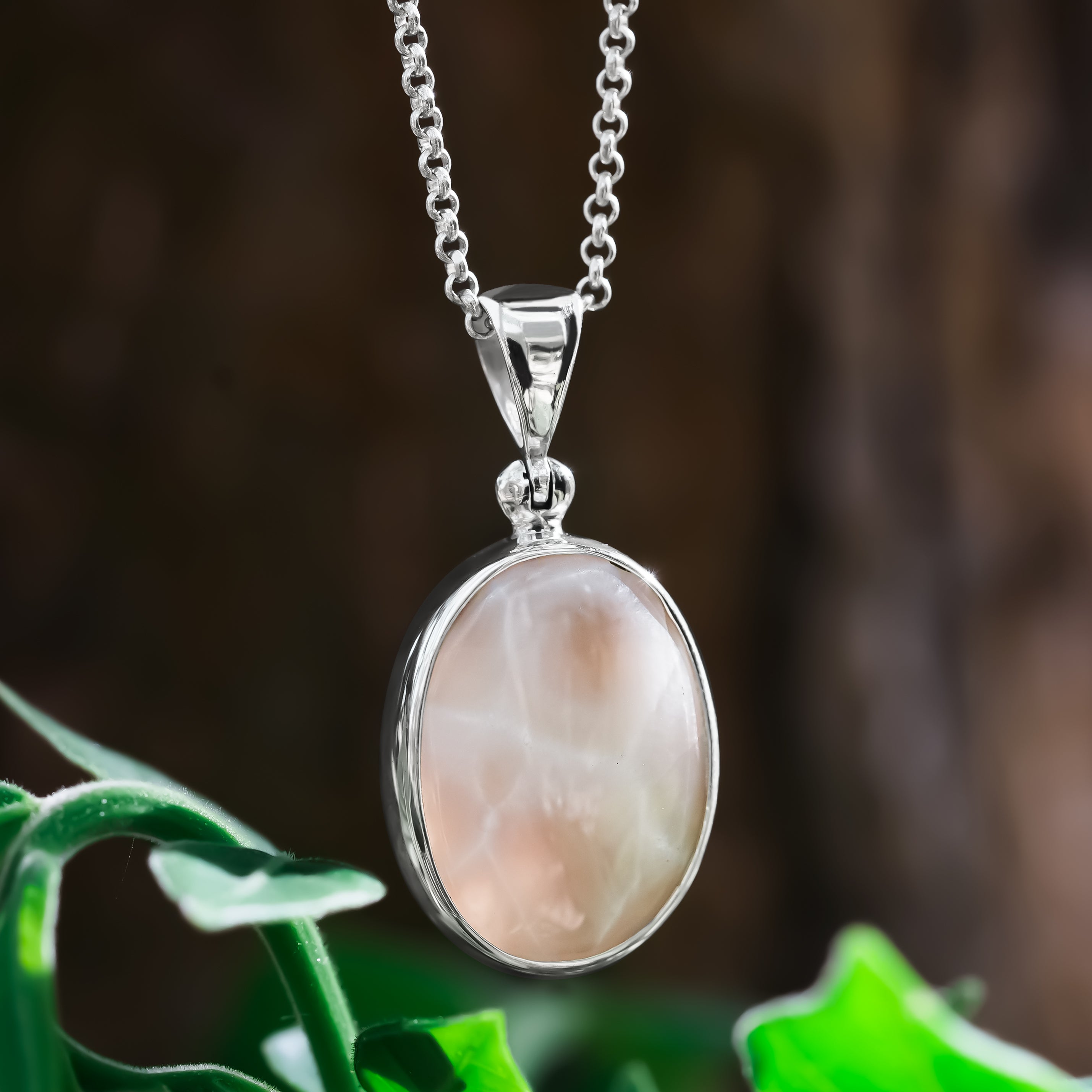 Starborn Pink Natrolite Oval Pendant in Sterling Silver