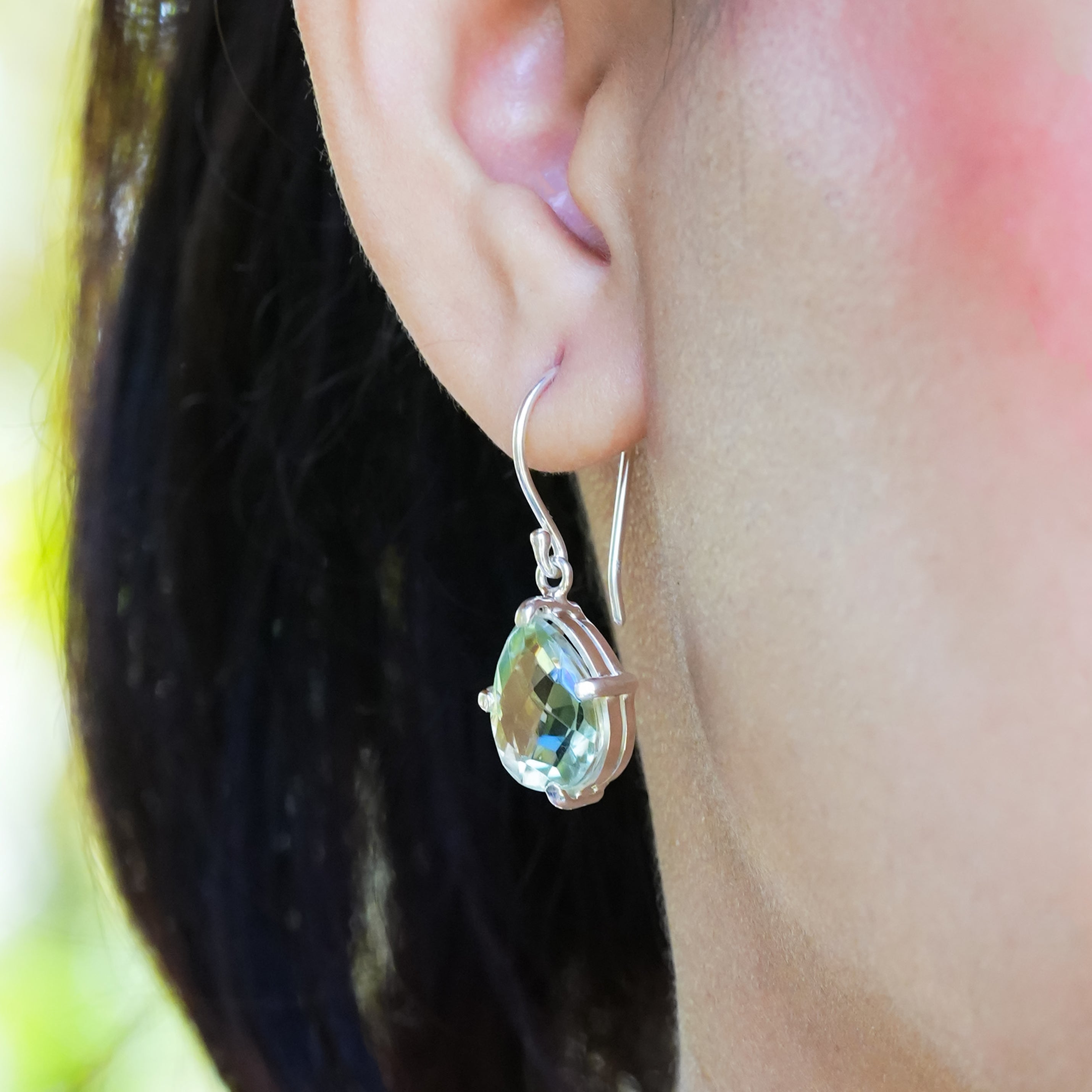 Starborn Green Amethyst Pear Faceted Dangle Earrings in Fine Sterling Silver