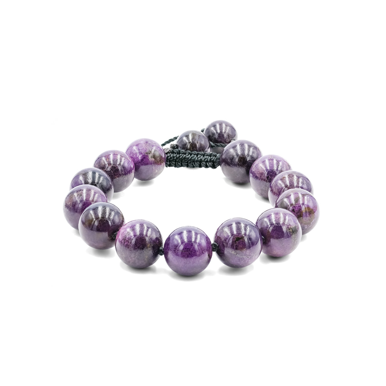 Purpurite adjustable beaded bracelet on black nylon thread featuring 12 mm, 12 pieces beads.