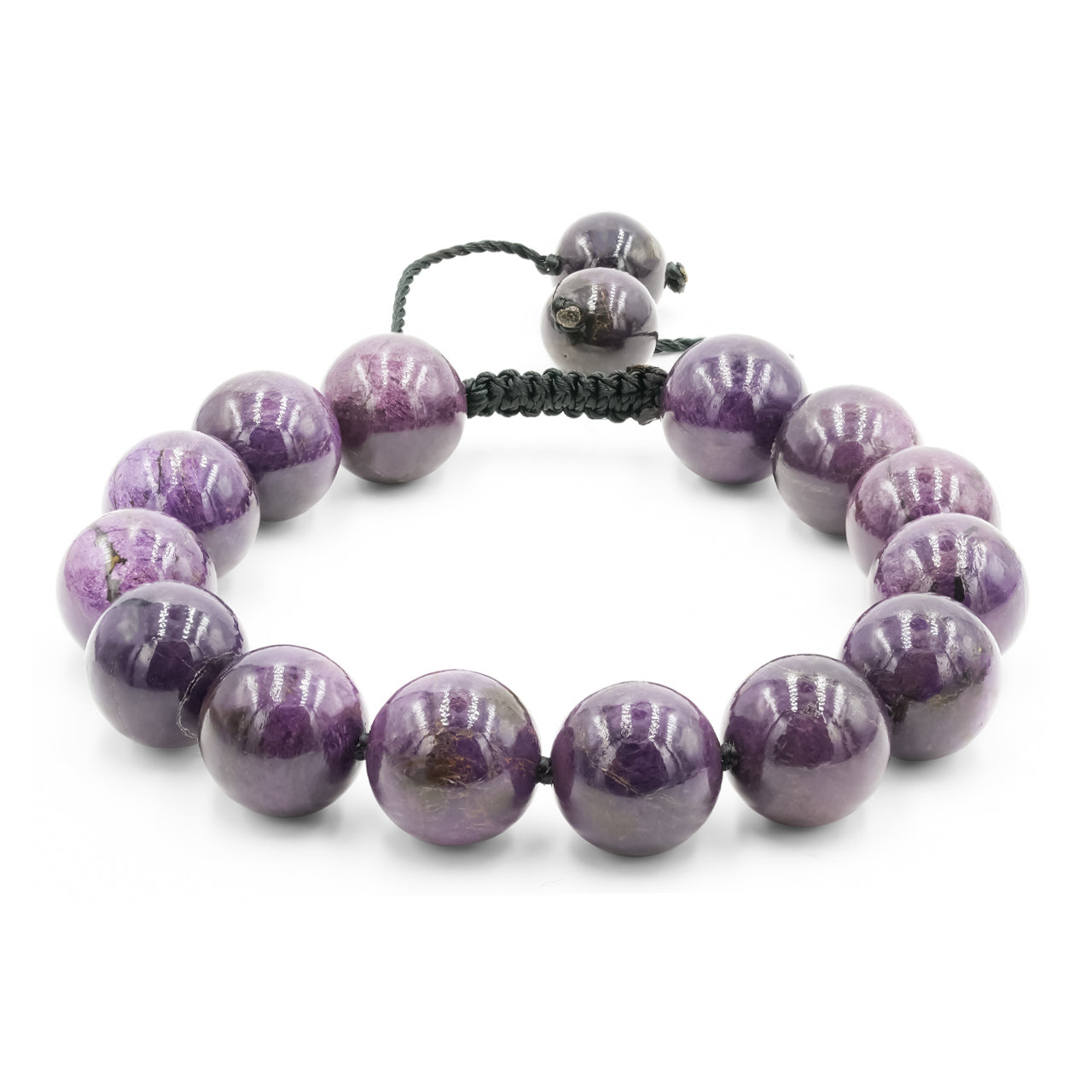 Purpurite adjustable beaded bracelet on black nylon thread featuring 12 mm, 13 pieces beads.
