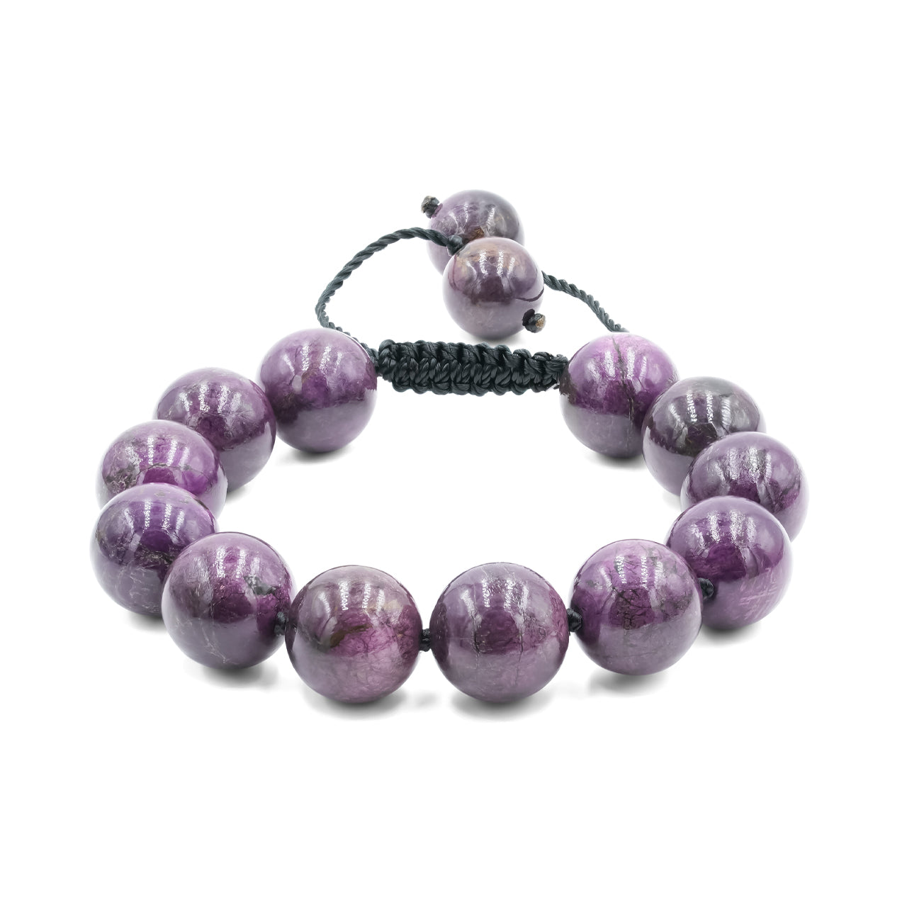Purpurite adjustable beaded bracelet on black nylon thread featuring 12 mm, 14 pieces beads.