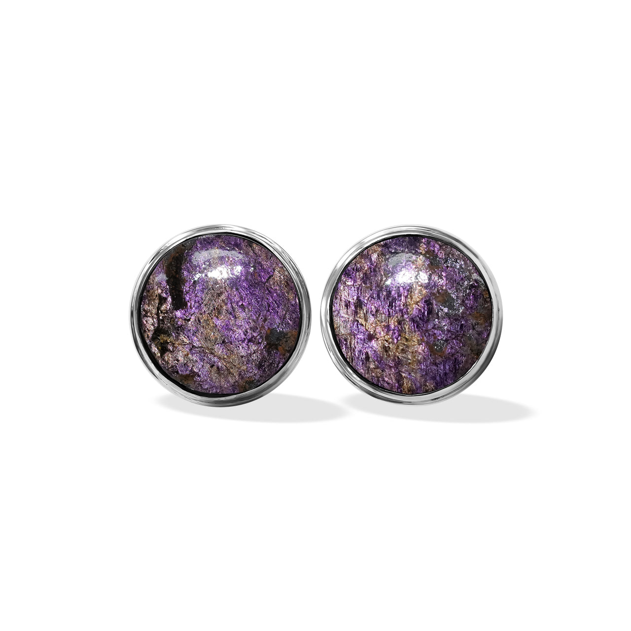 Starborn Purpurite Round Cabochon Double Bezel Post Earrings in Sterling Silver
