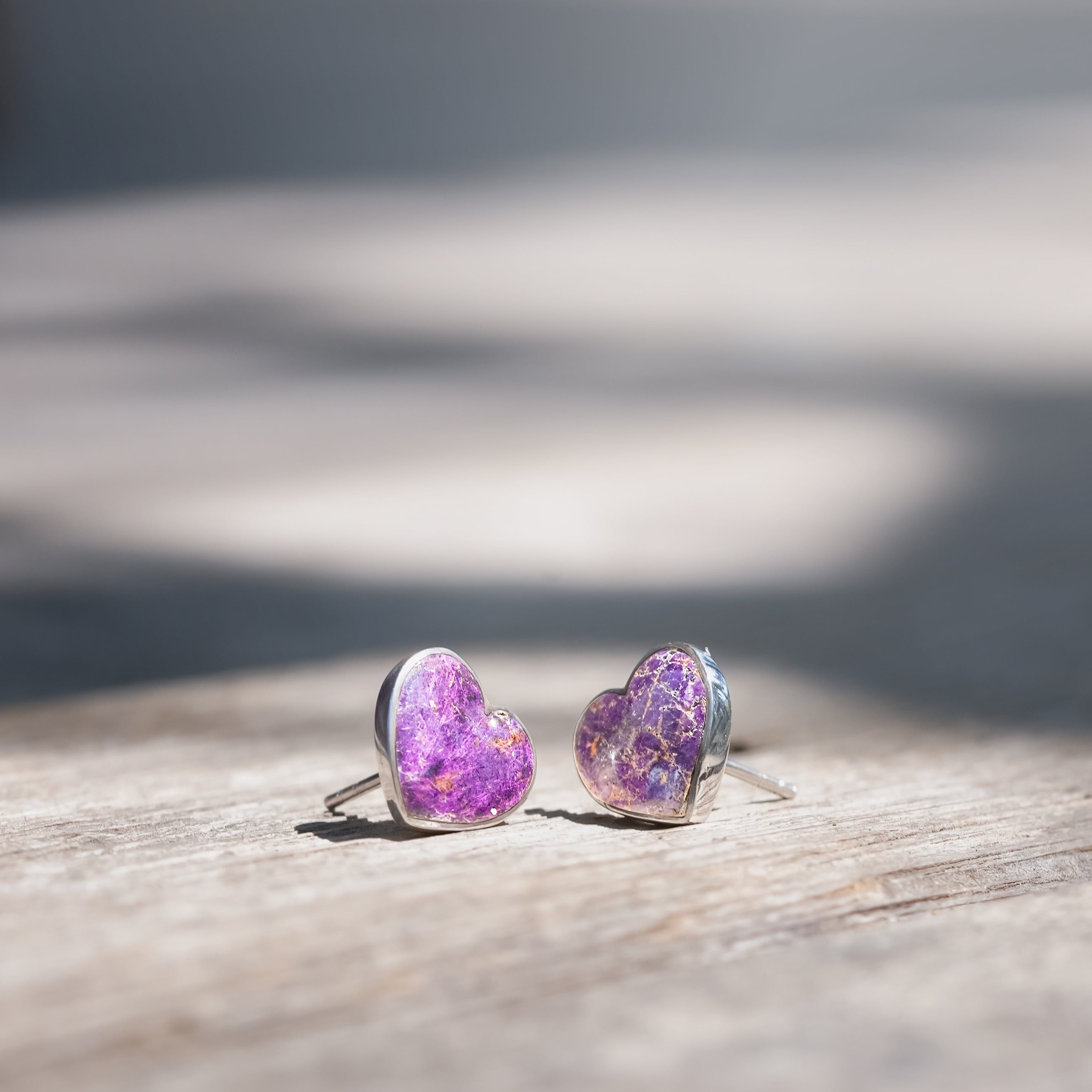 Starborn Heart Purpurite Post Style Earrings in Sterling Silver