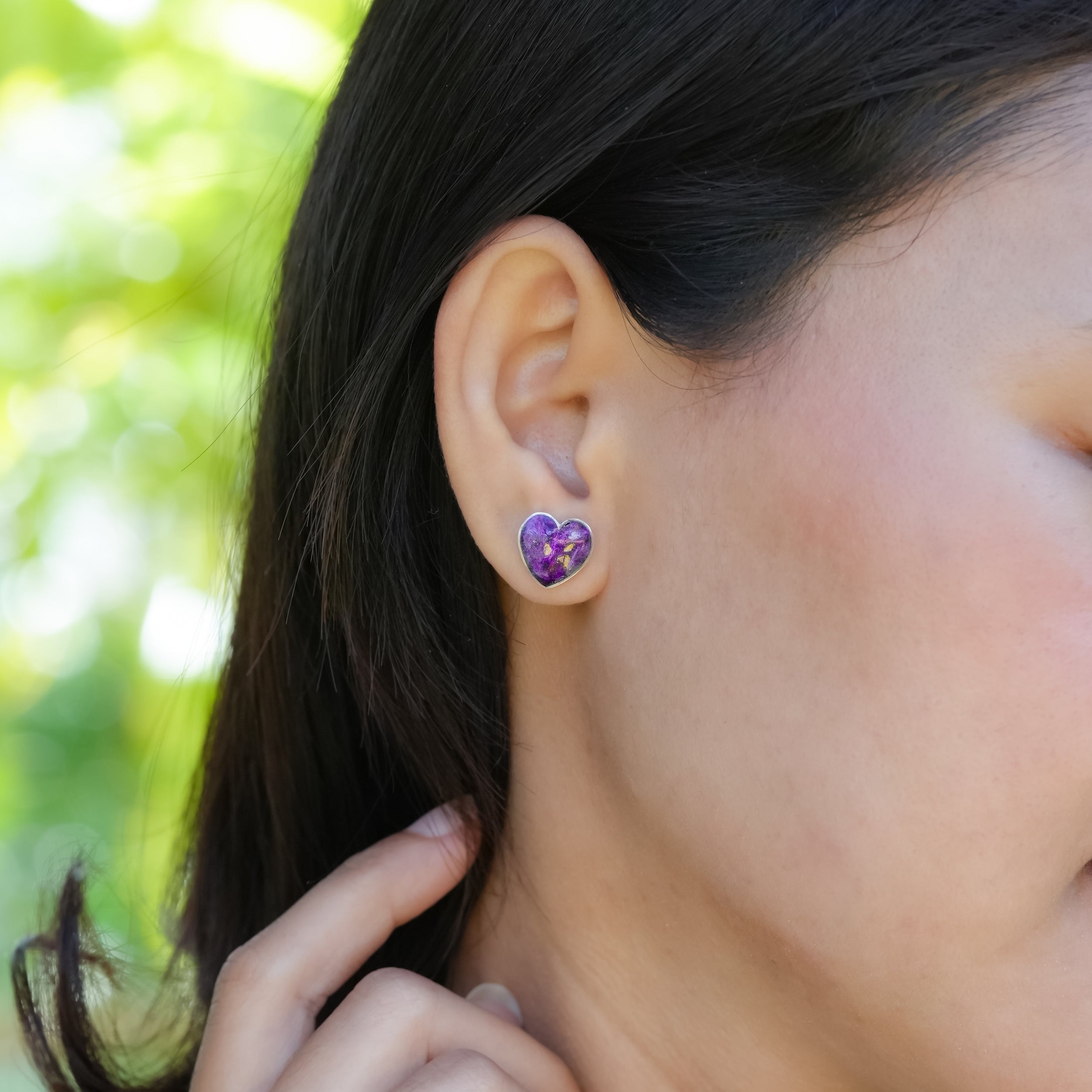 Starborn Heart Purpurite Post Style Earrings in Sterling Silver