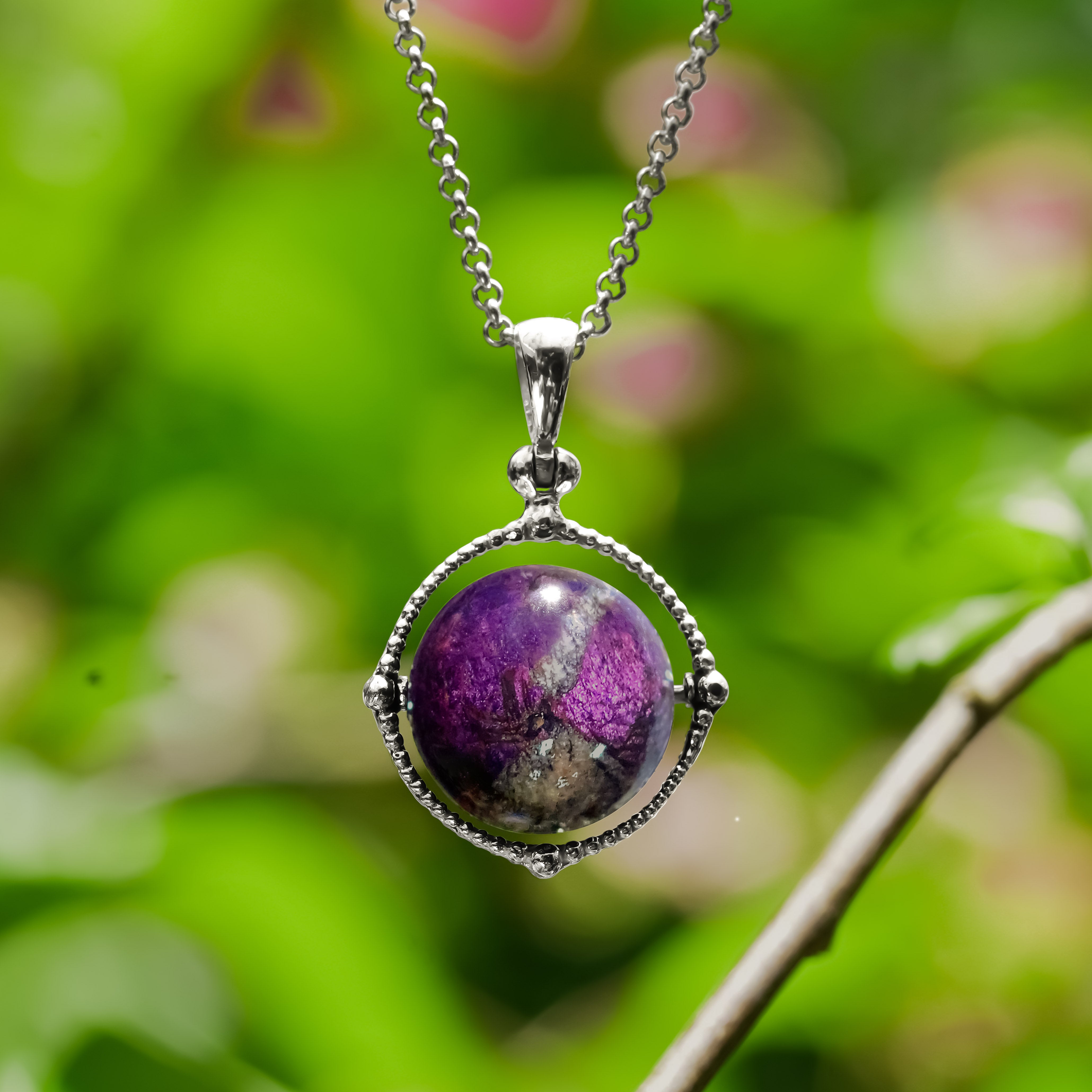 Starborn Purpurite Spinning Tactile Sphere Pendant in Sterling Silver