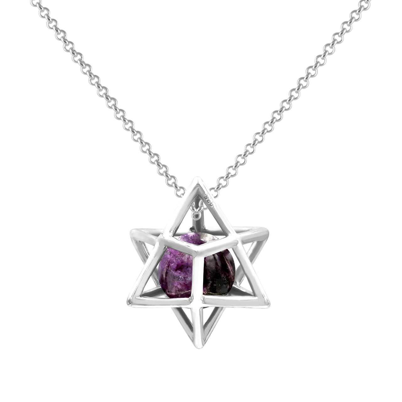 Starborn Merkabah Sterling Silver Cage Pendant and Chain with Gemstone Sphere