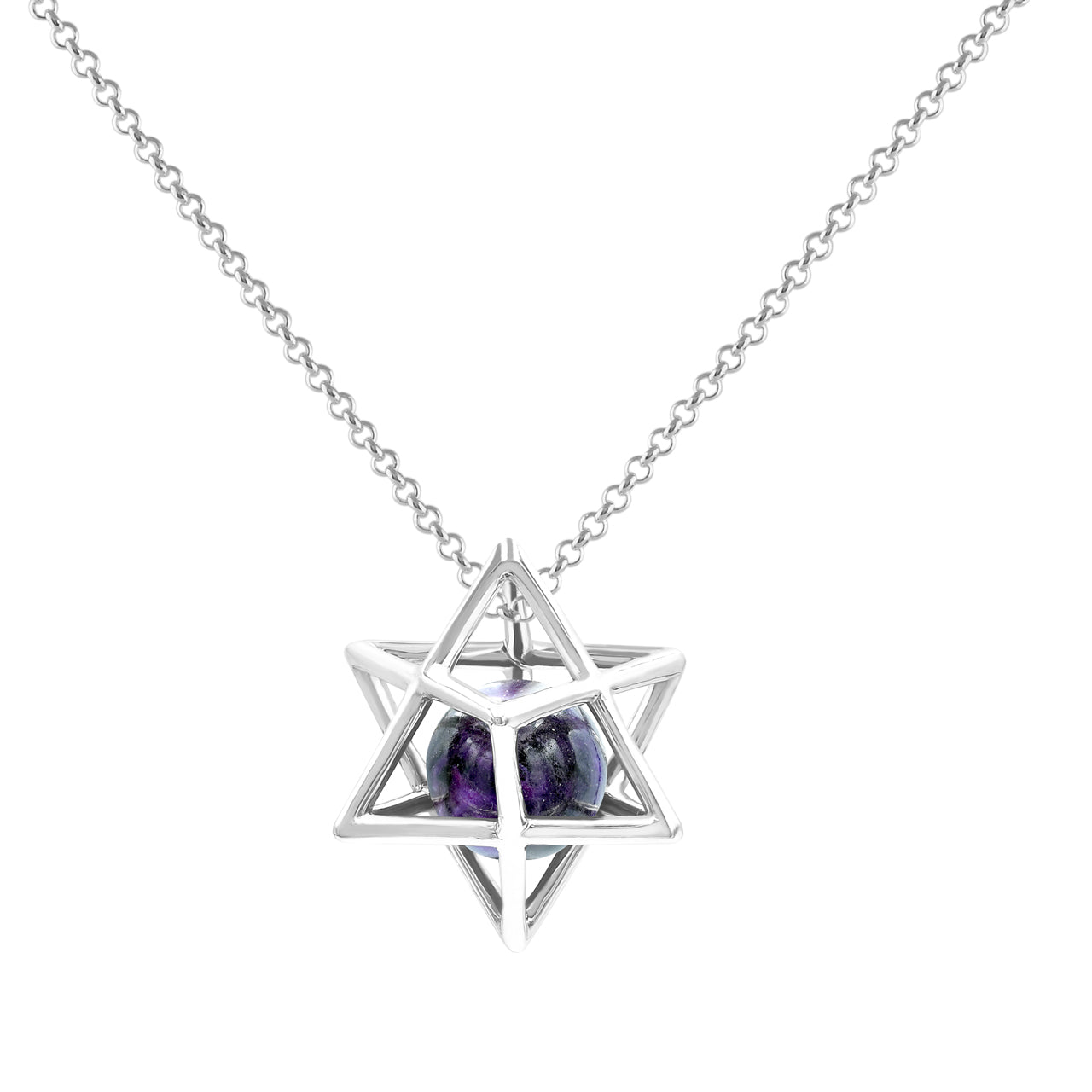 Starborn Merkabah Sterling Silver Cage Pendant and Chain with Gemstone Sphere