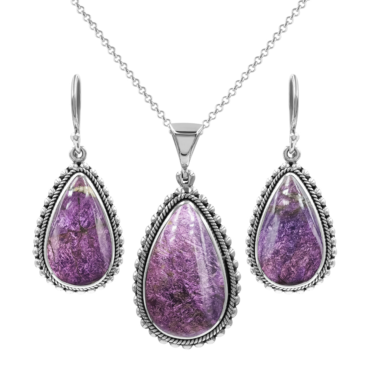 Starborn Purpurit Anhänger und Ohrring Set in Sterling Silber - Birnenförmig