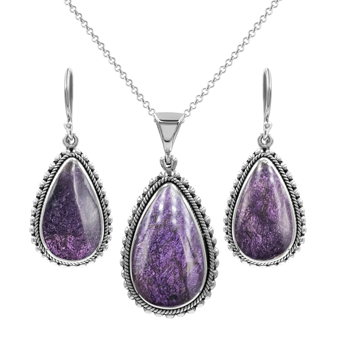 Starborn Purpurit Anhänger und Ohrring Set in Sterling Silber - Birnenförmig