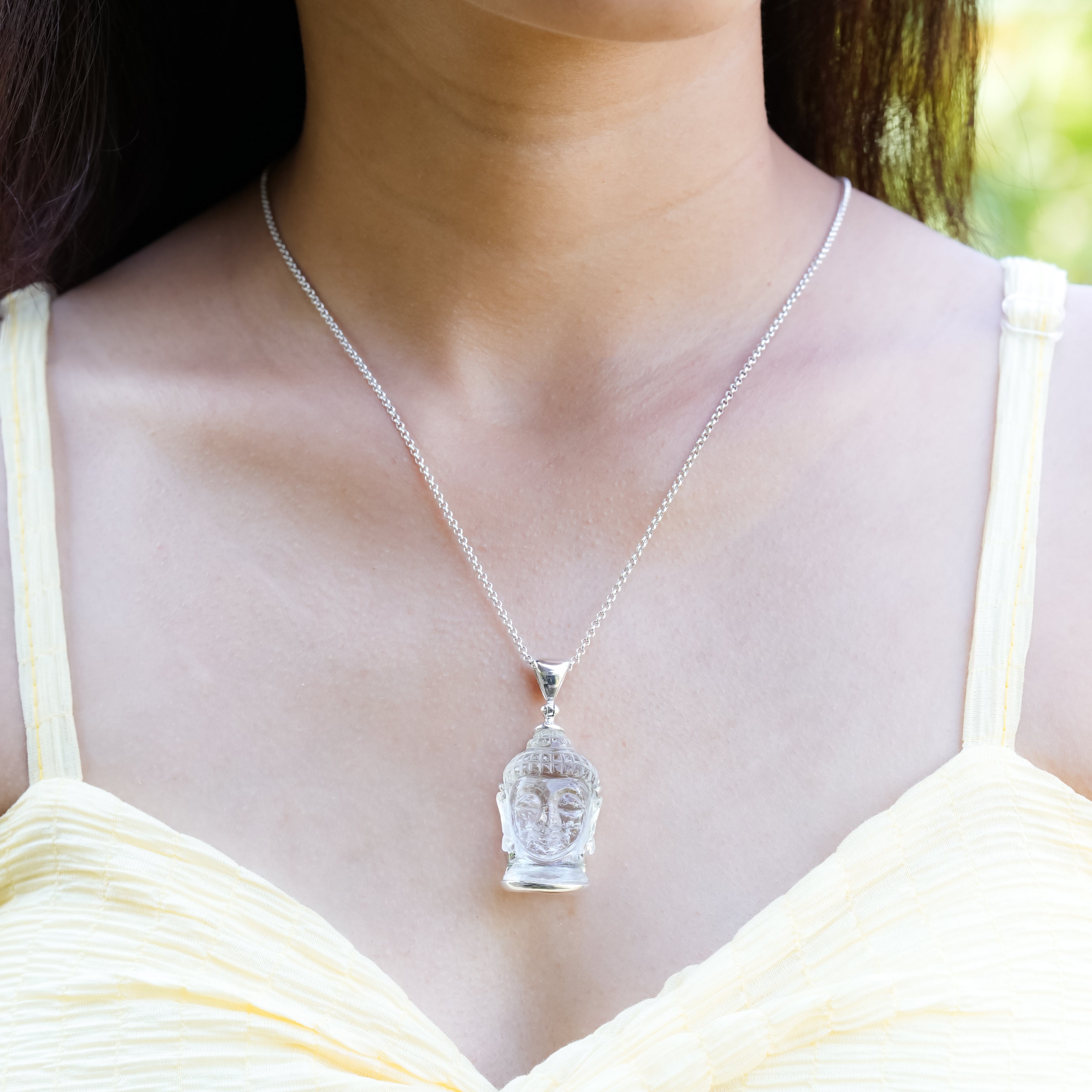 Starborn Carved Quartz Buddha Head Pendant in Sterling Silver