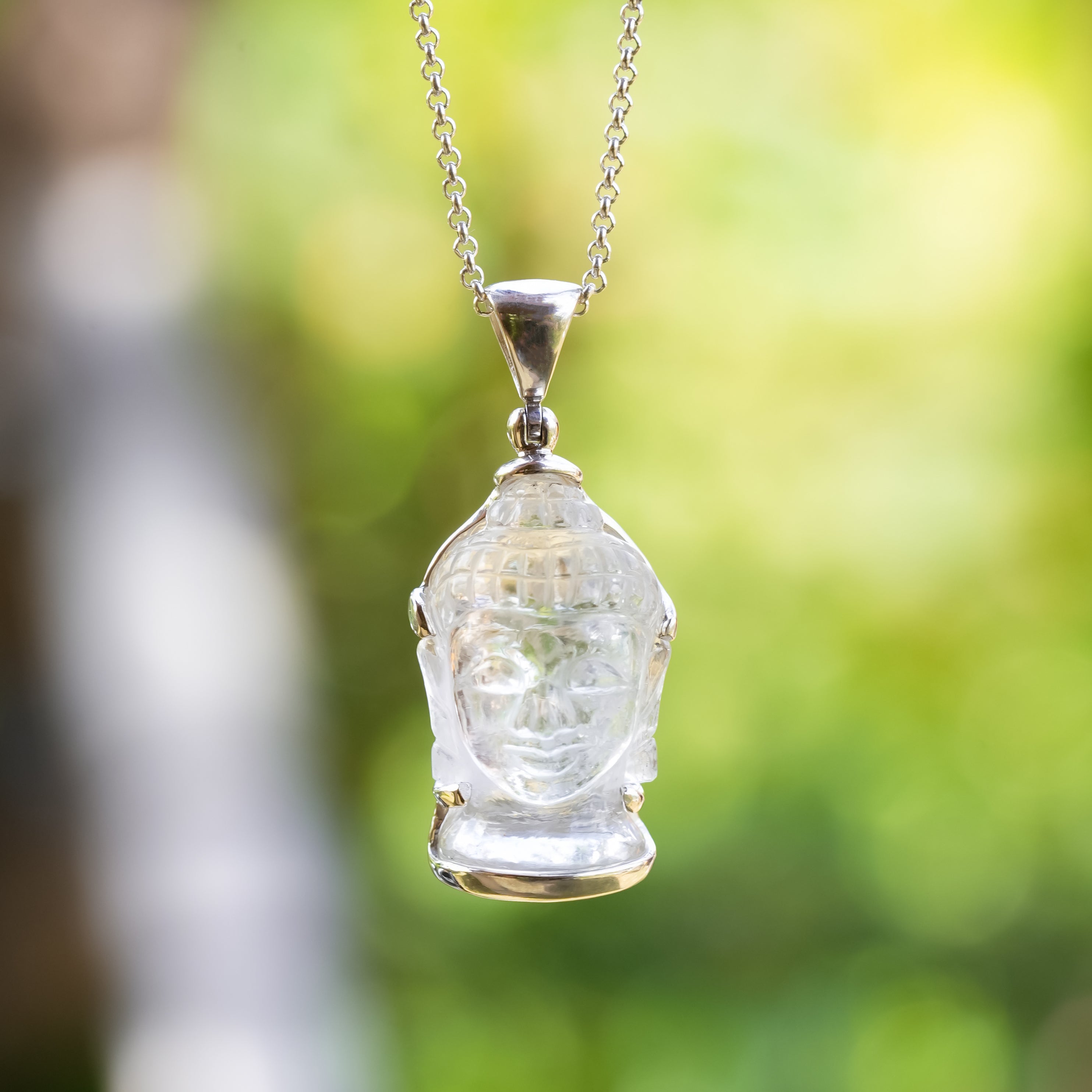 Starborn Carved Quartz Buddha Head Pendant in Sterling Silver