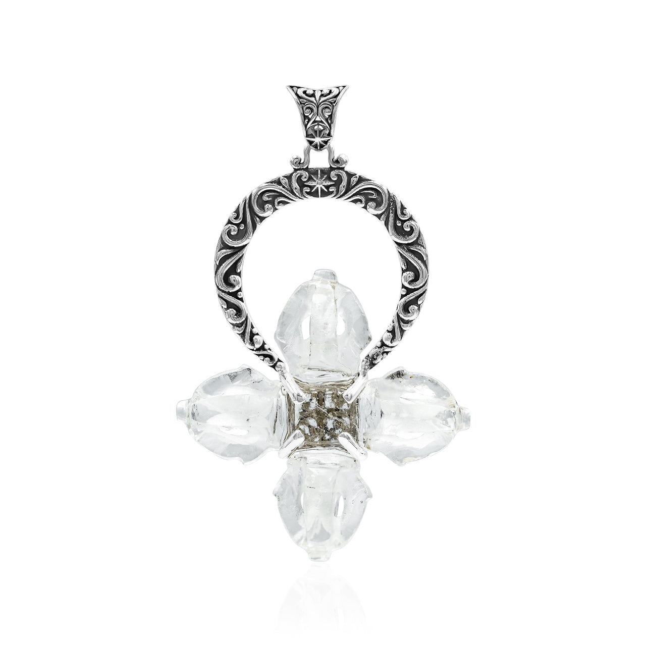 Starborn Carved Quartz Phurba Pendant in Filigree Style Sterling Silver