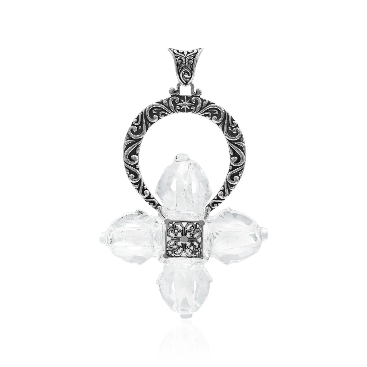 Starborn Carved Quartz Phurba Pendant in Filigree Style Sterling Silver
