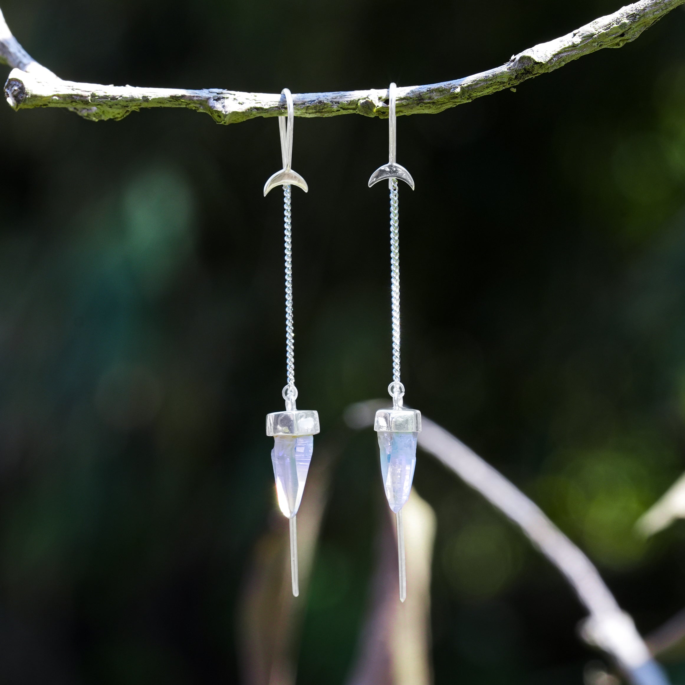 Starborn Quartz Crystal Crescent Moon Threader Earrings in Sterling Silver