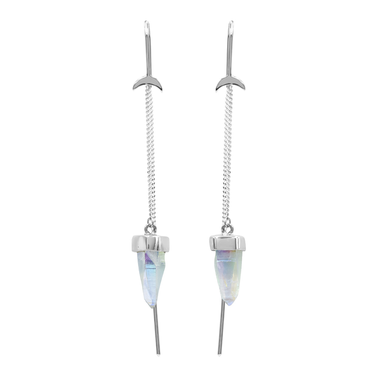 Starborn Quartz Crystal Crescent Moon Threader Earrings in Sterling Silver