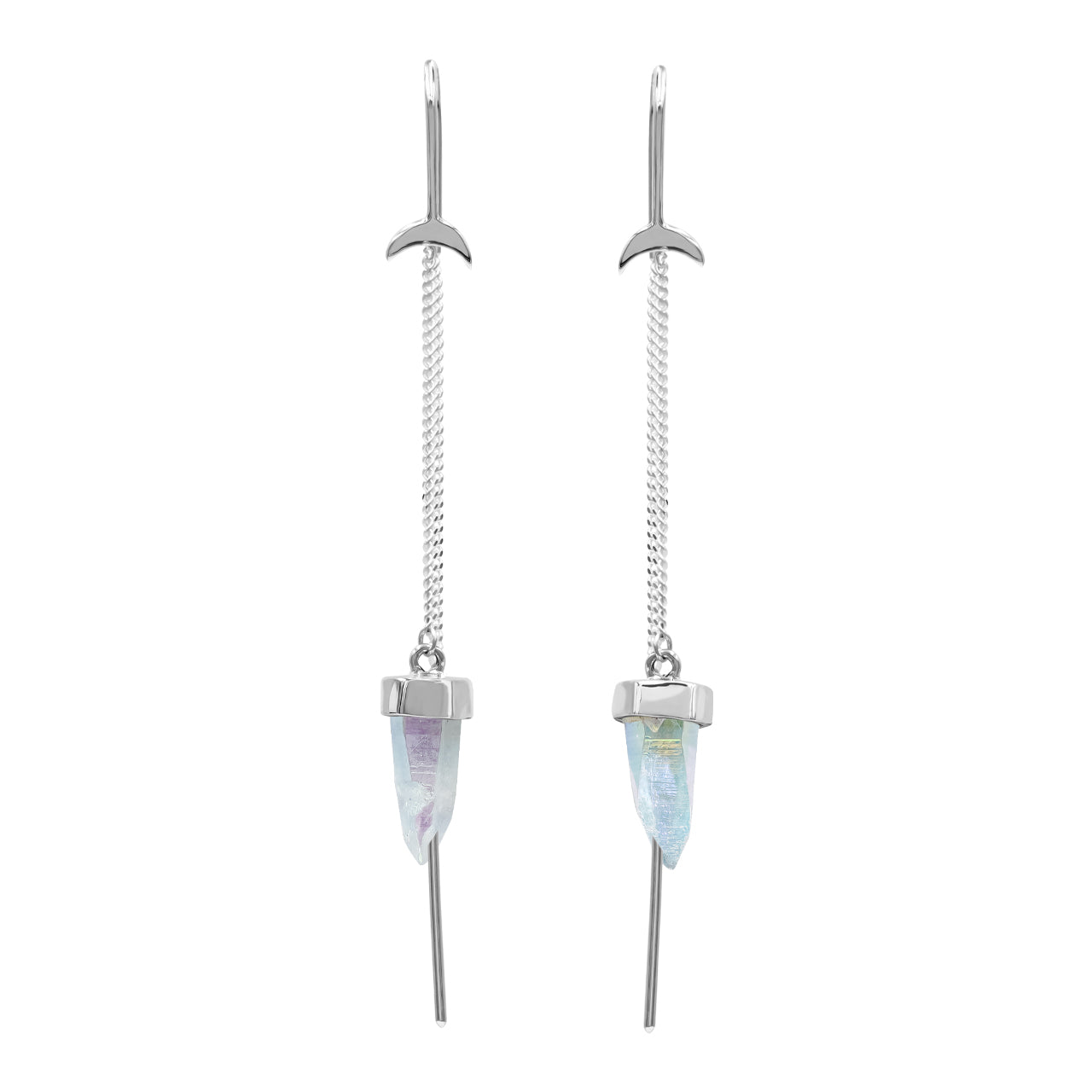 Starborn Quartz Crystal Crescent Moon Threader Earrings in Sterling Silver