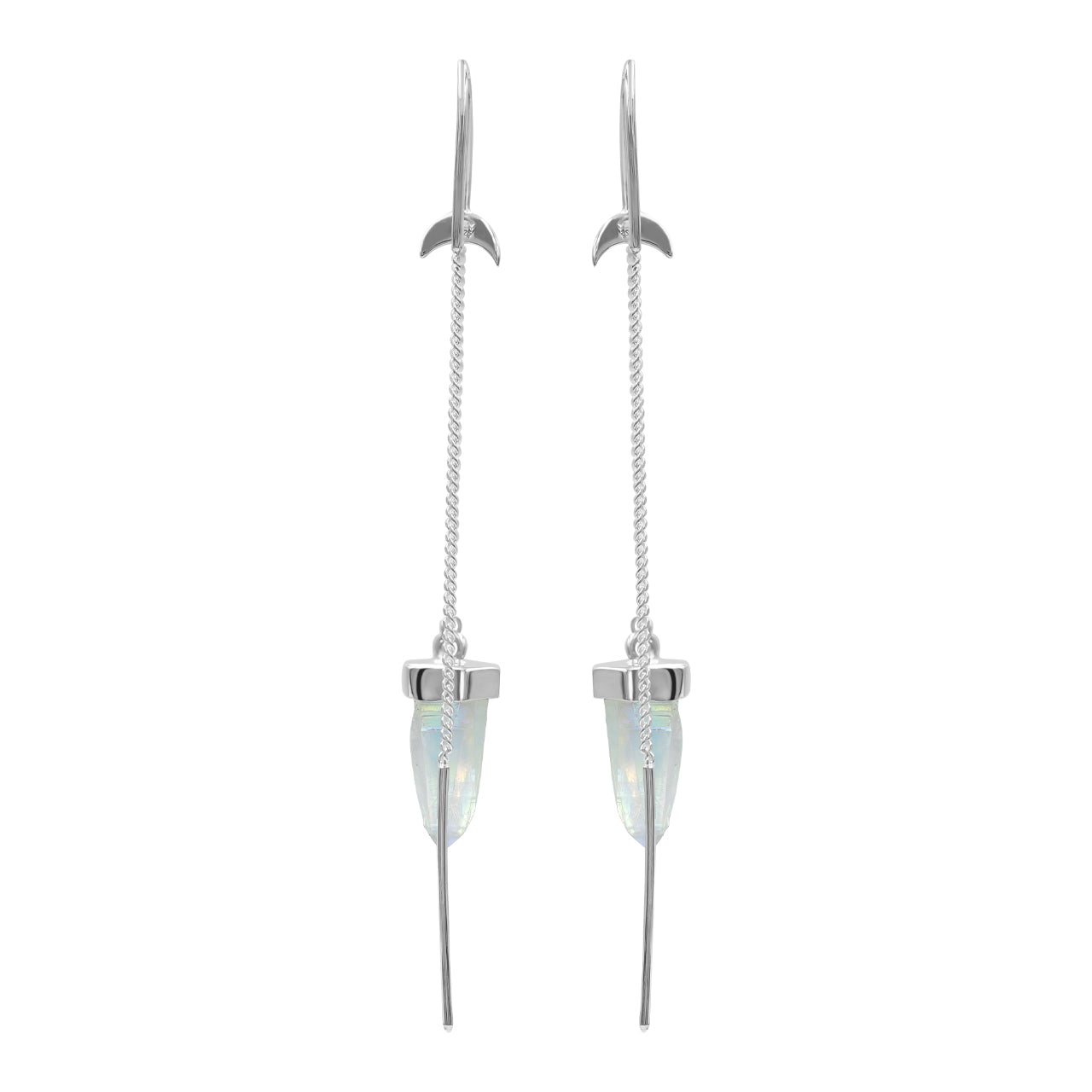 Starborn Quartz Crystal Crescent Moon Threader Earrings in Sterling Silver