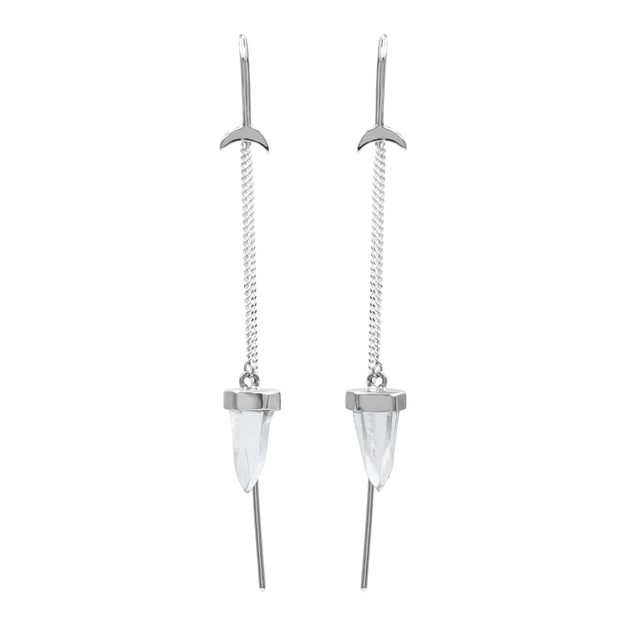 Starborn Quartz Crystal Crescent Moon Threader Earrings in Sterling Silver