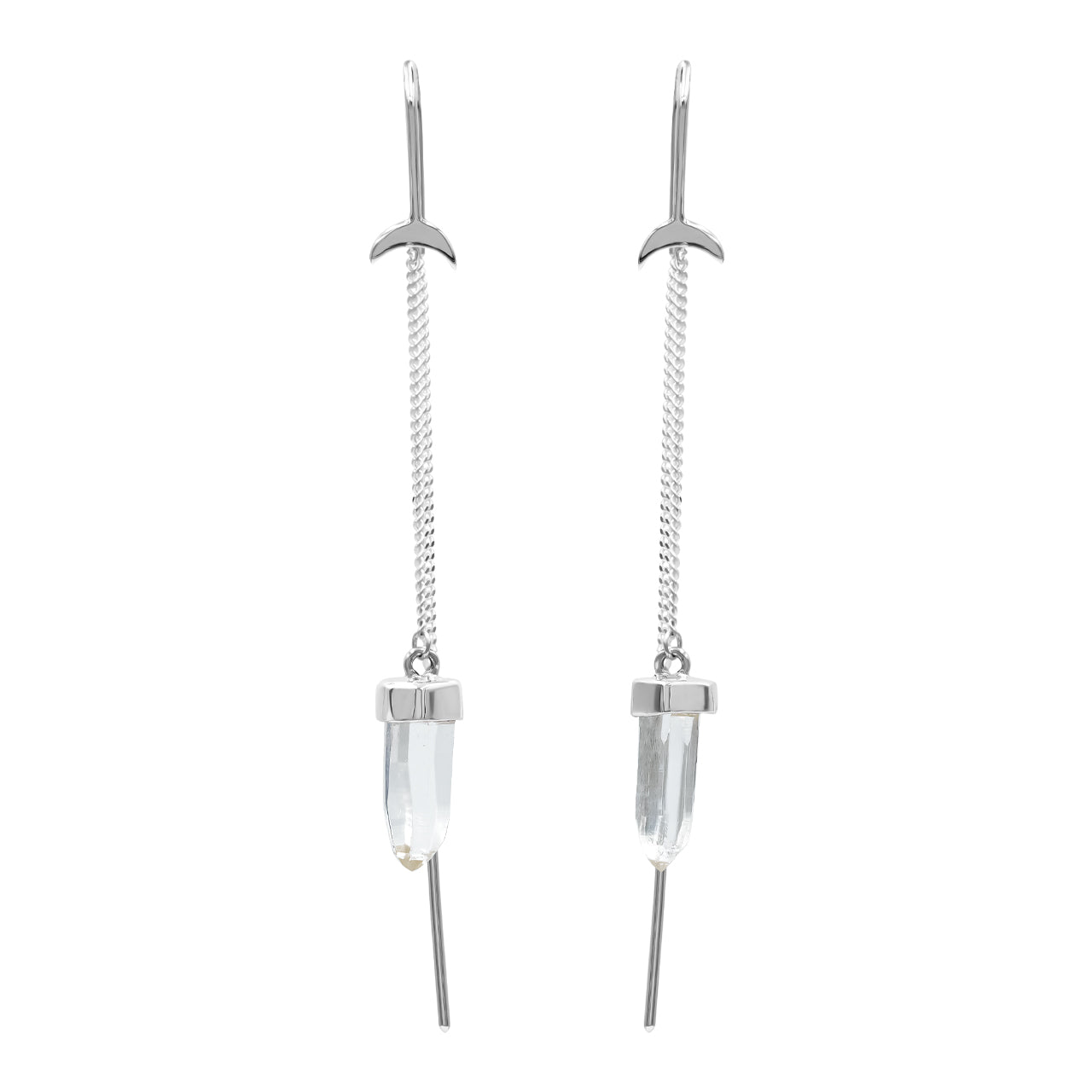 Starborn Quartz Crystal Crescent Moon Threader Earrings in Sterling Silver