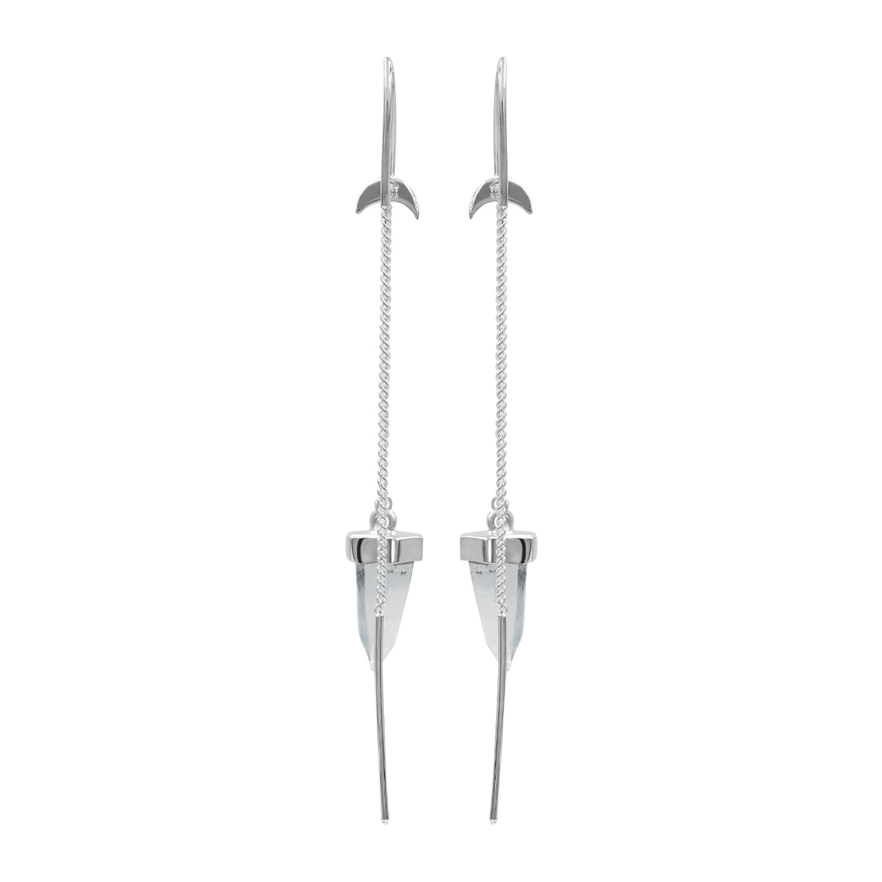 Starborn Quartz Crystal Crescent Moon Threader Earrings in Sterling Silver