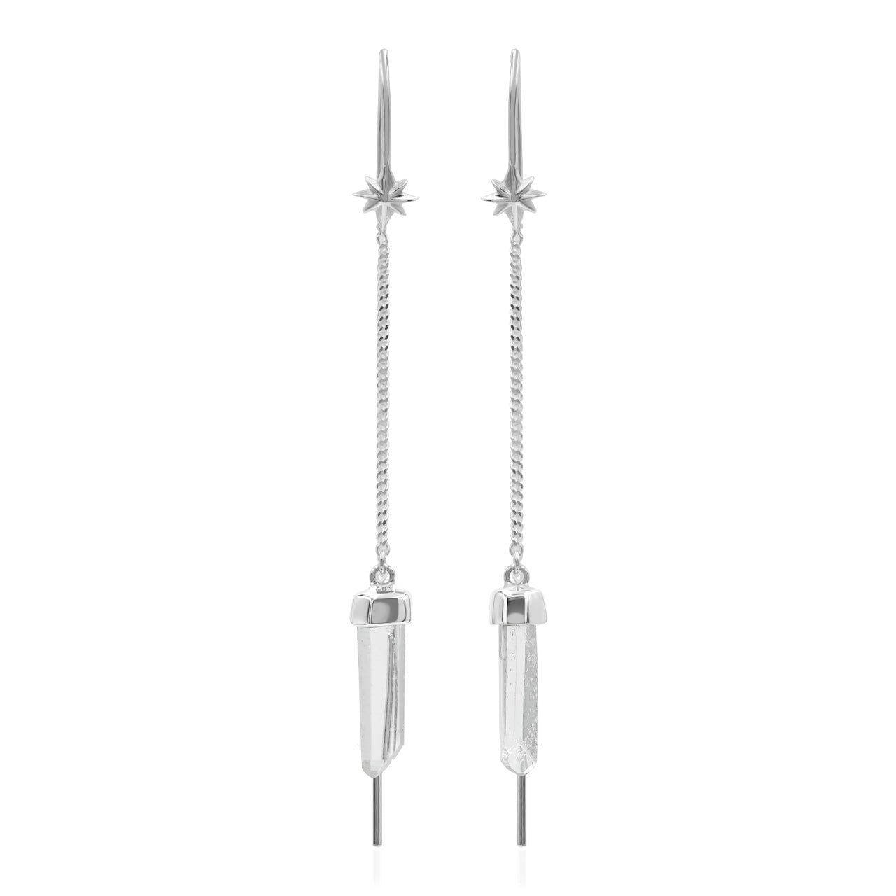 Starborn Quartz Crystal Threader Earring with Star Accents in Sterling Silver