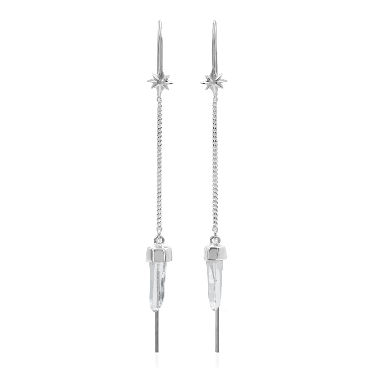 Starborn Quartz Crystal Threader Earring with Star Accents in Sterling Silver