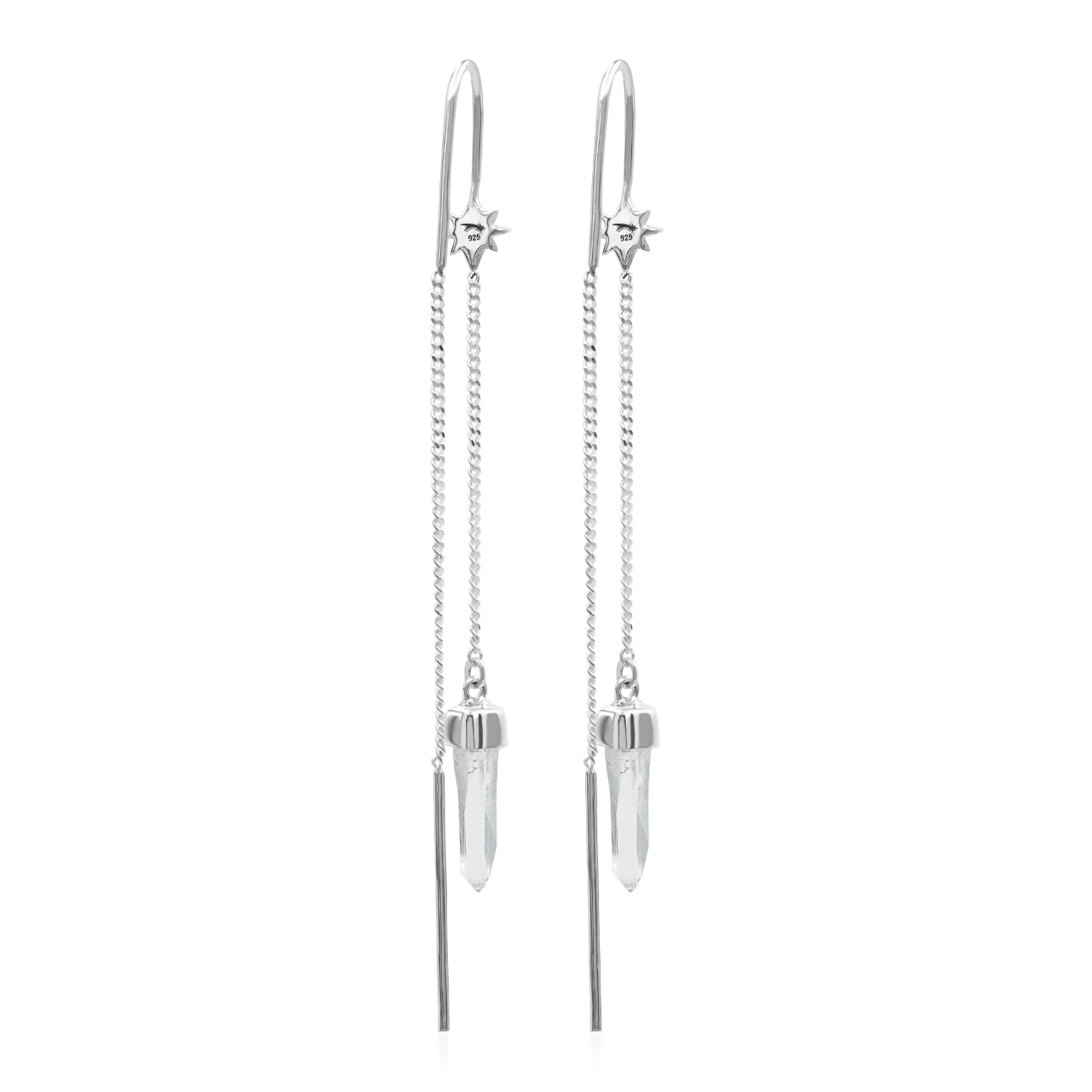 Starborn Quartz Crystal Threader Earring with Star Accents in Sterling Silver