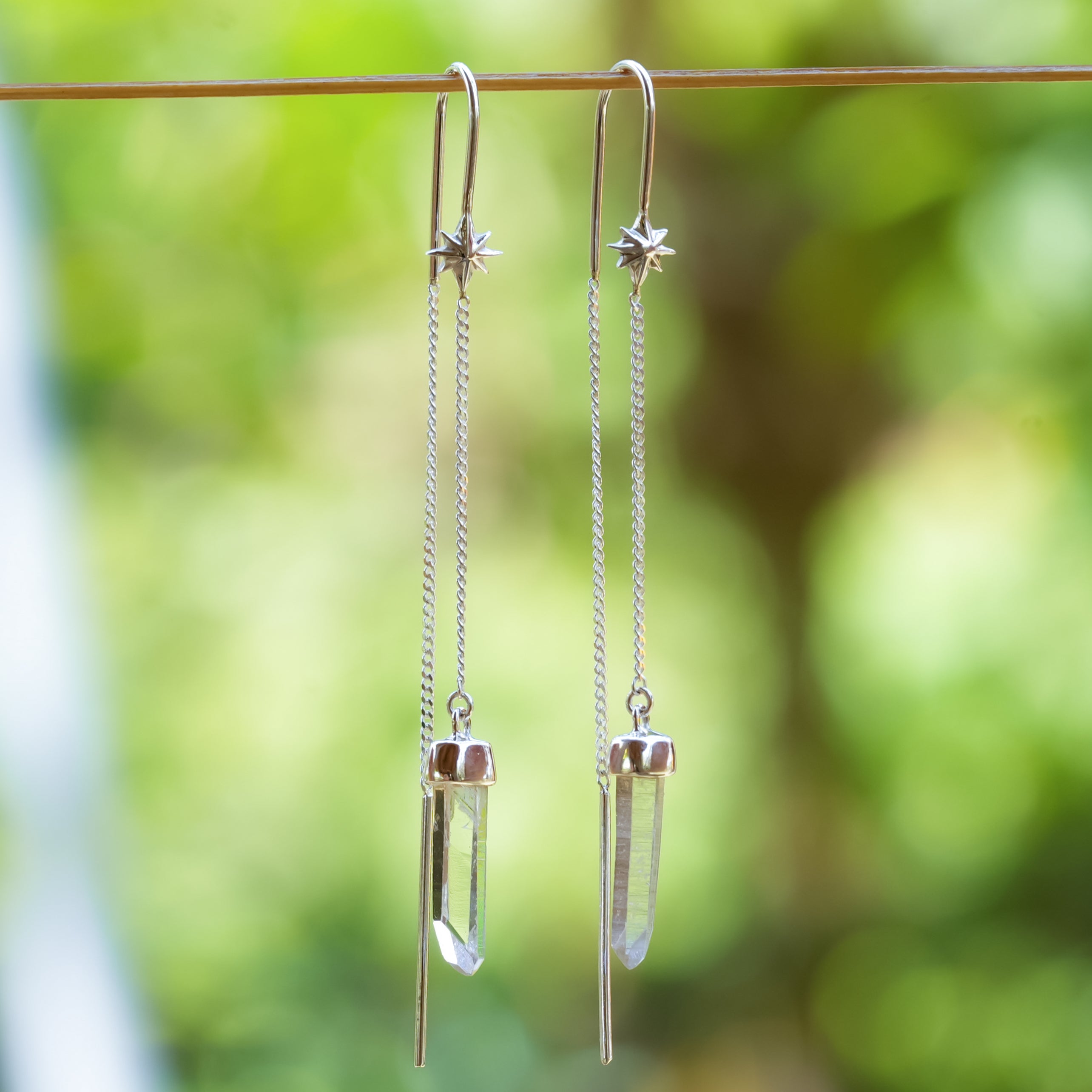 Starborn Quartz Crystal Threader Earring with Star Accents in Sterling Silver