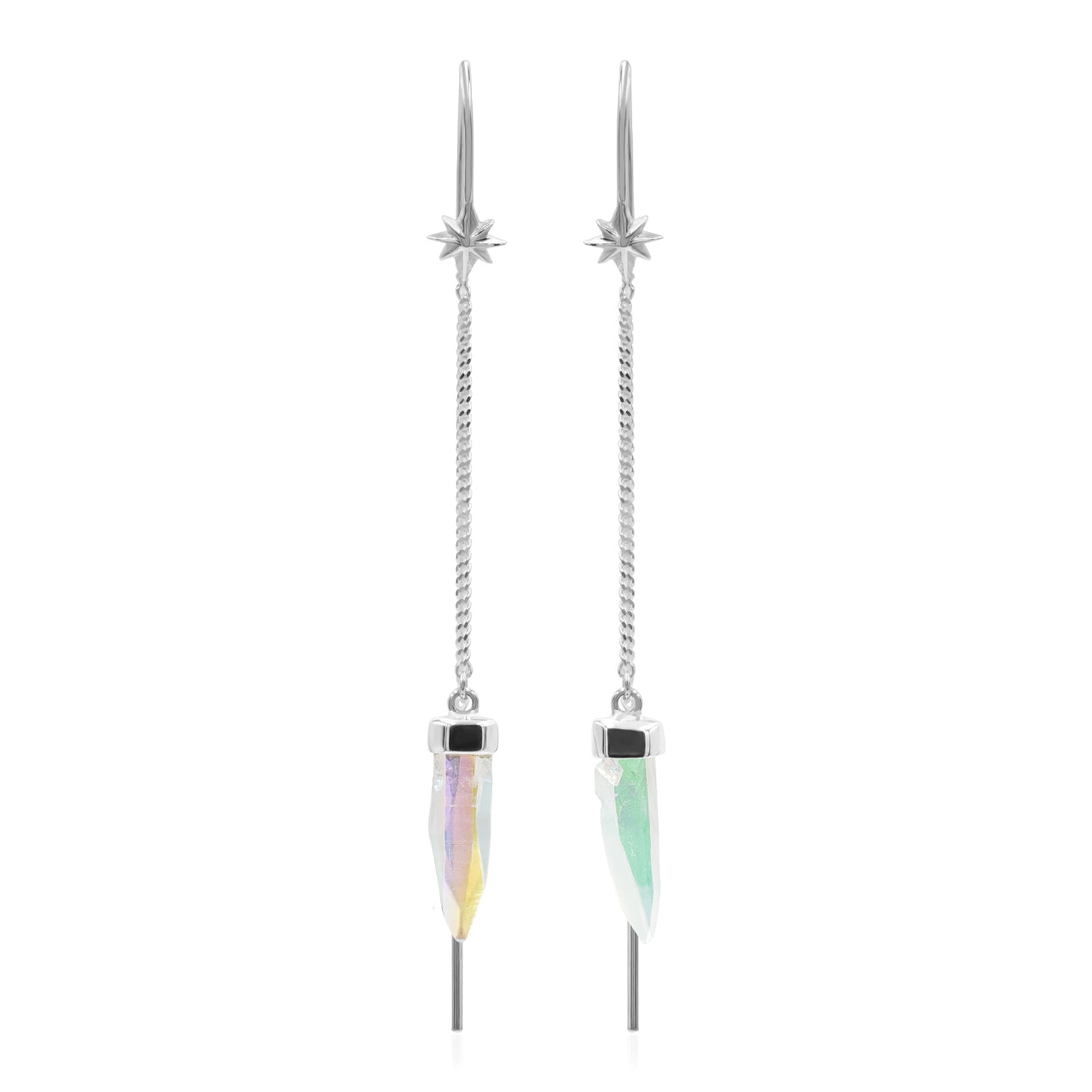 Starborn Quartz Crystal Threader Earring with Star Accents in Sterling Silver