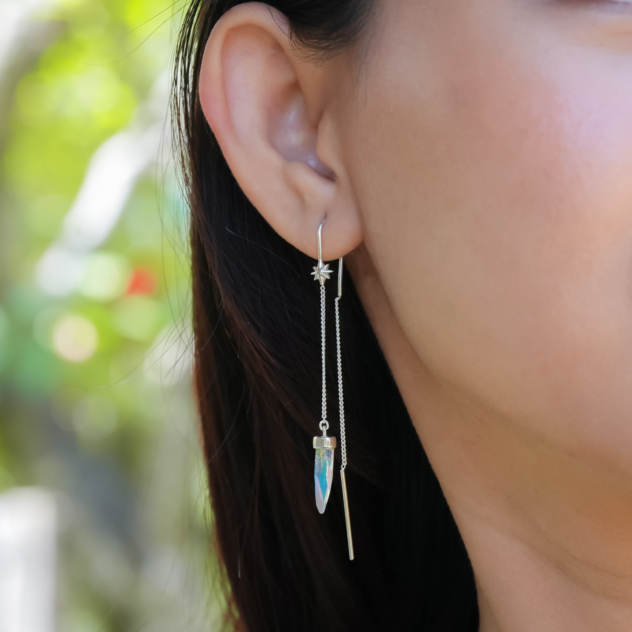 Starborn Quartz Crystal Threader Earring with Star Accents in Sterling Silver