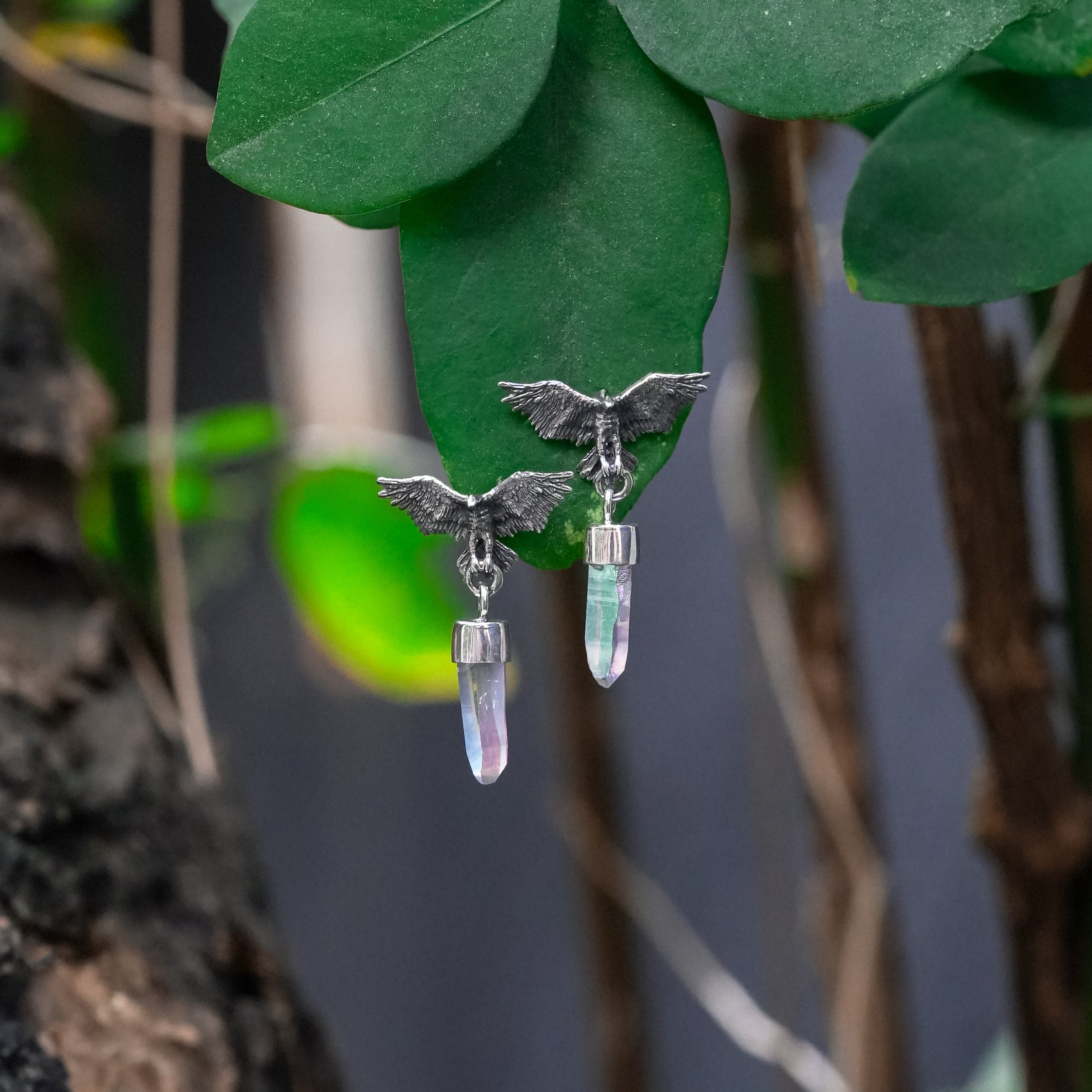 Starborn Angel Aura Quartz Crystal in Sterling Silver Eagle Earrings