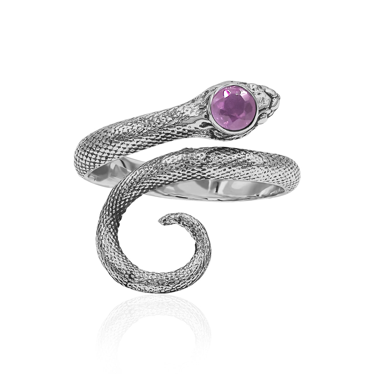 Starborn Coiled Snake Ring with Faceted Rubellite in Sterling Silver