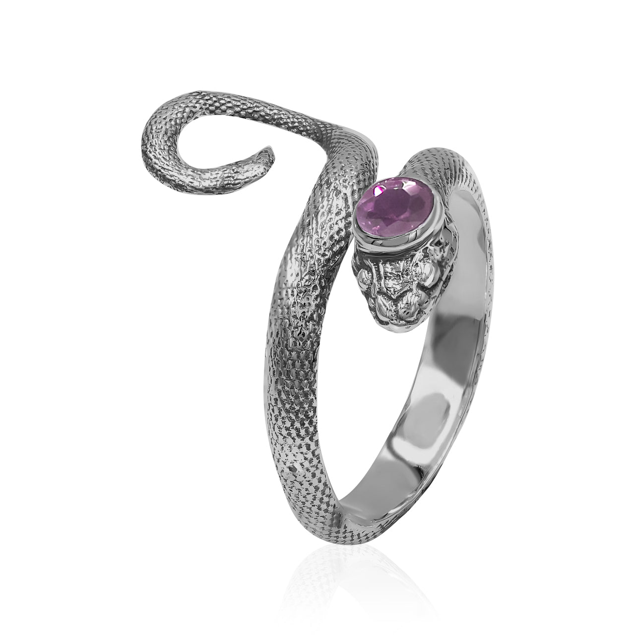 Starborn Coiled Snake Ring with Faceted Rubellite in Sterling Silver