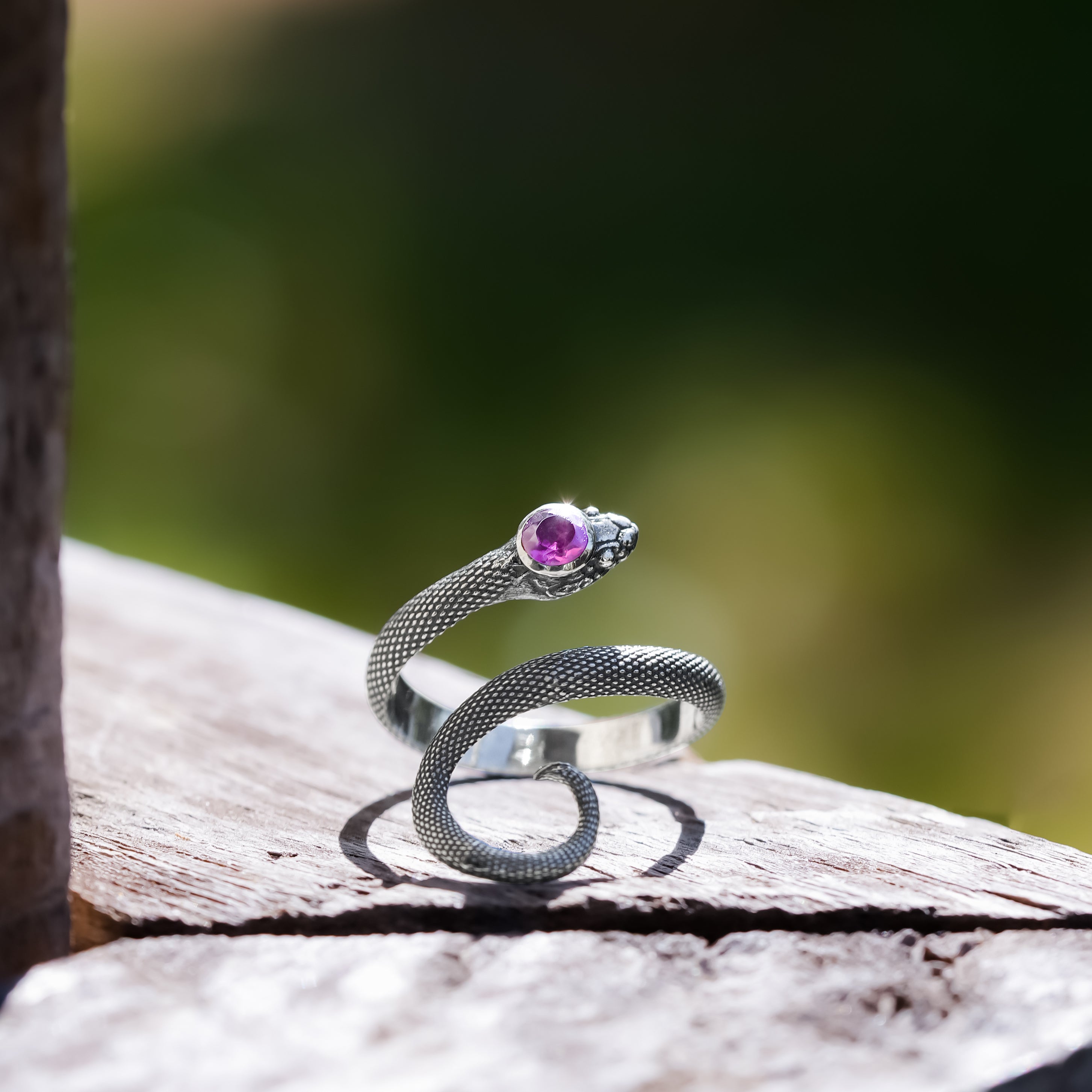 Starborn Coiled Snake Ring with Faceted Rubellite in Sterling Silver