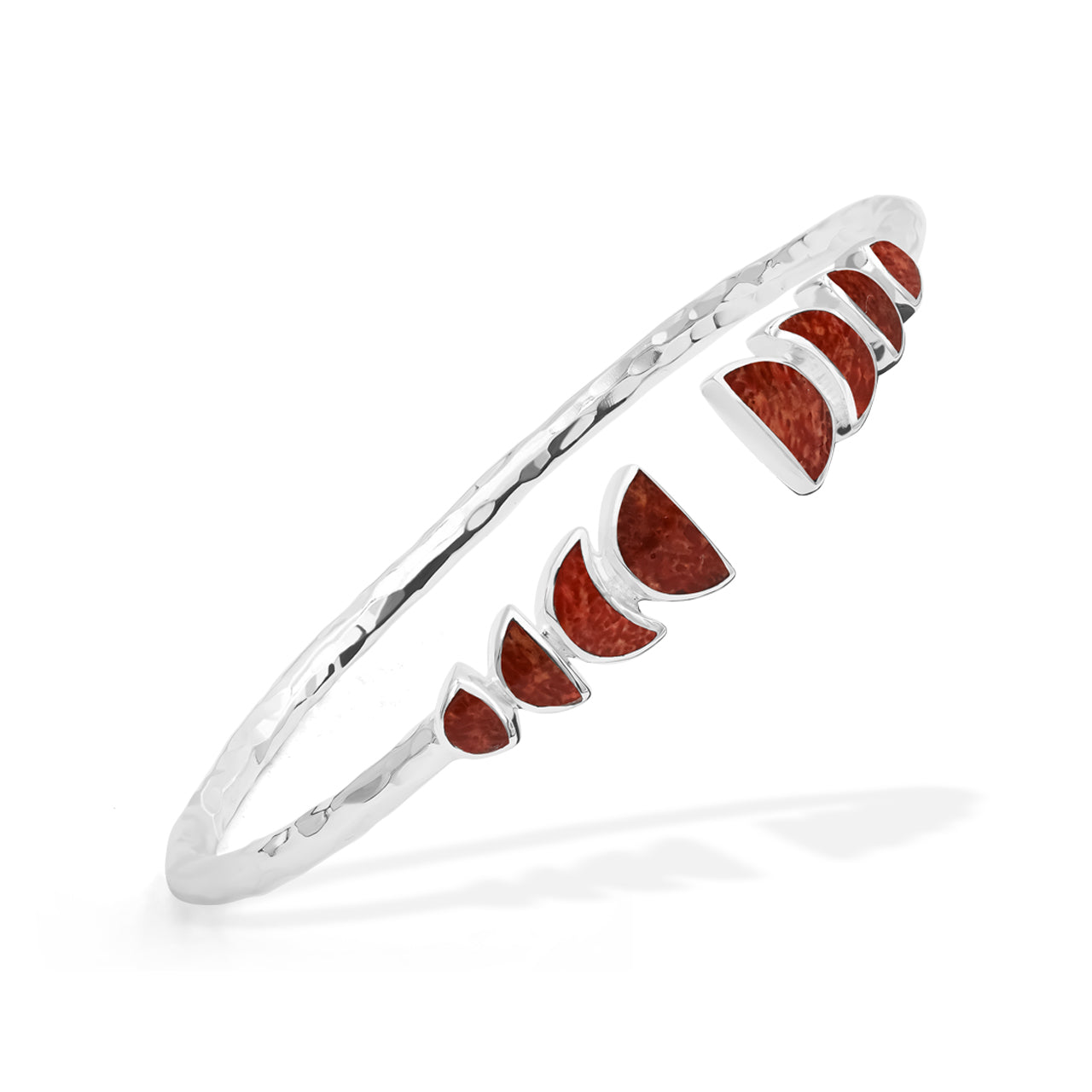 Starborn Coral with Partial Lunar Eclipse Design Open Bangle Bracelet in Sterling Silver
