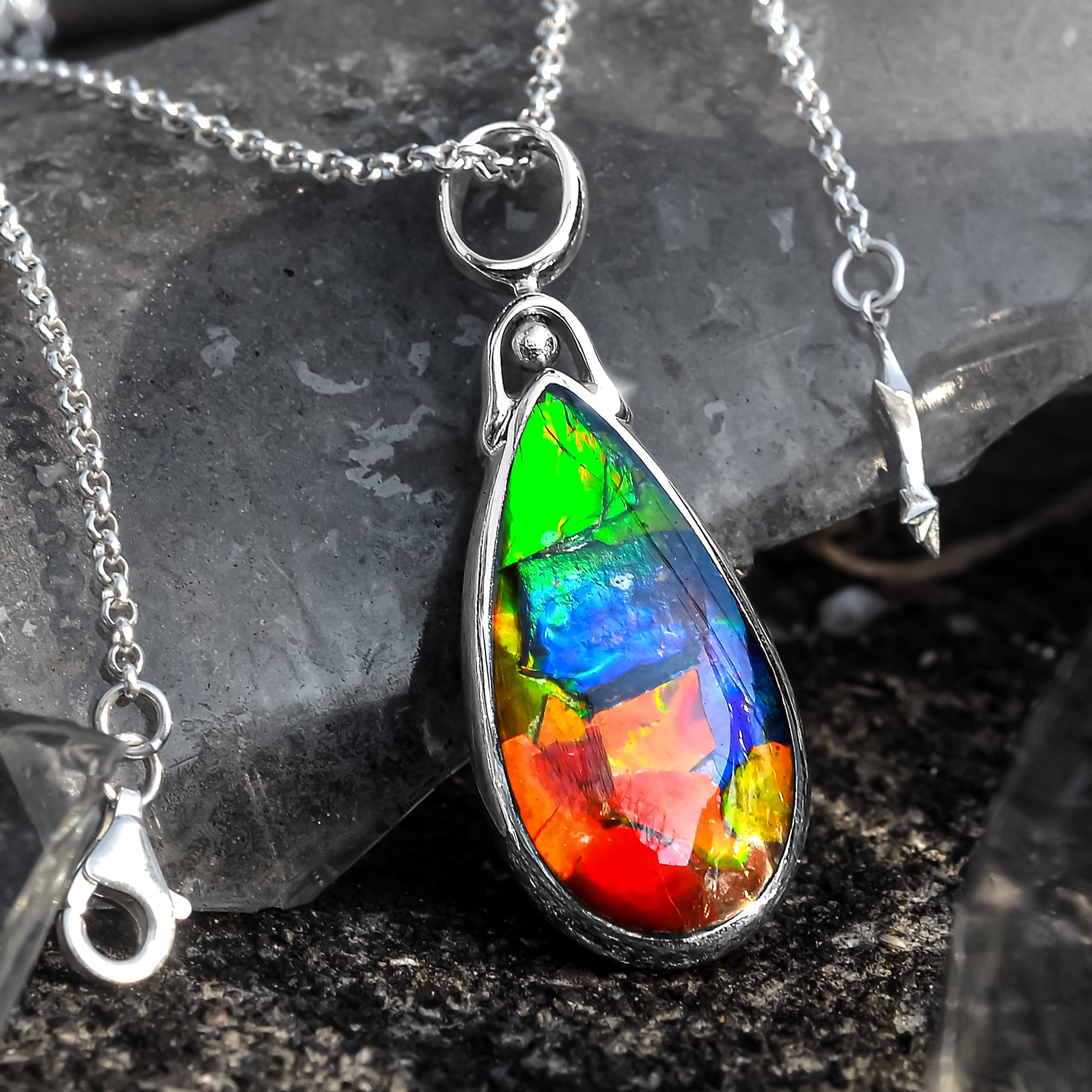 Starborn Reversible Pear Ammolite and Abalone Pendant in Sterling Silver