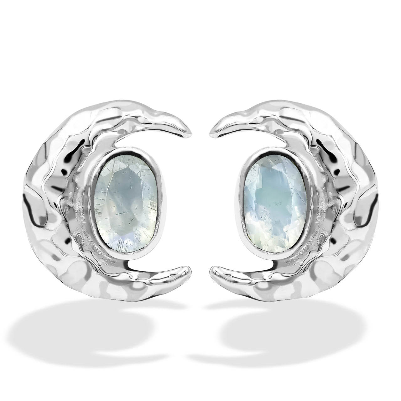 Starborn Faceted Oval Rainbow Moonstone Post Earrings with Hammered Crescent Moon Accent in Sterling Silver