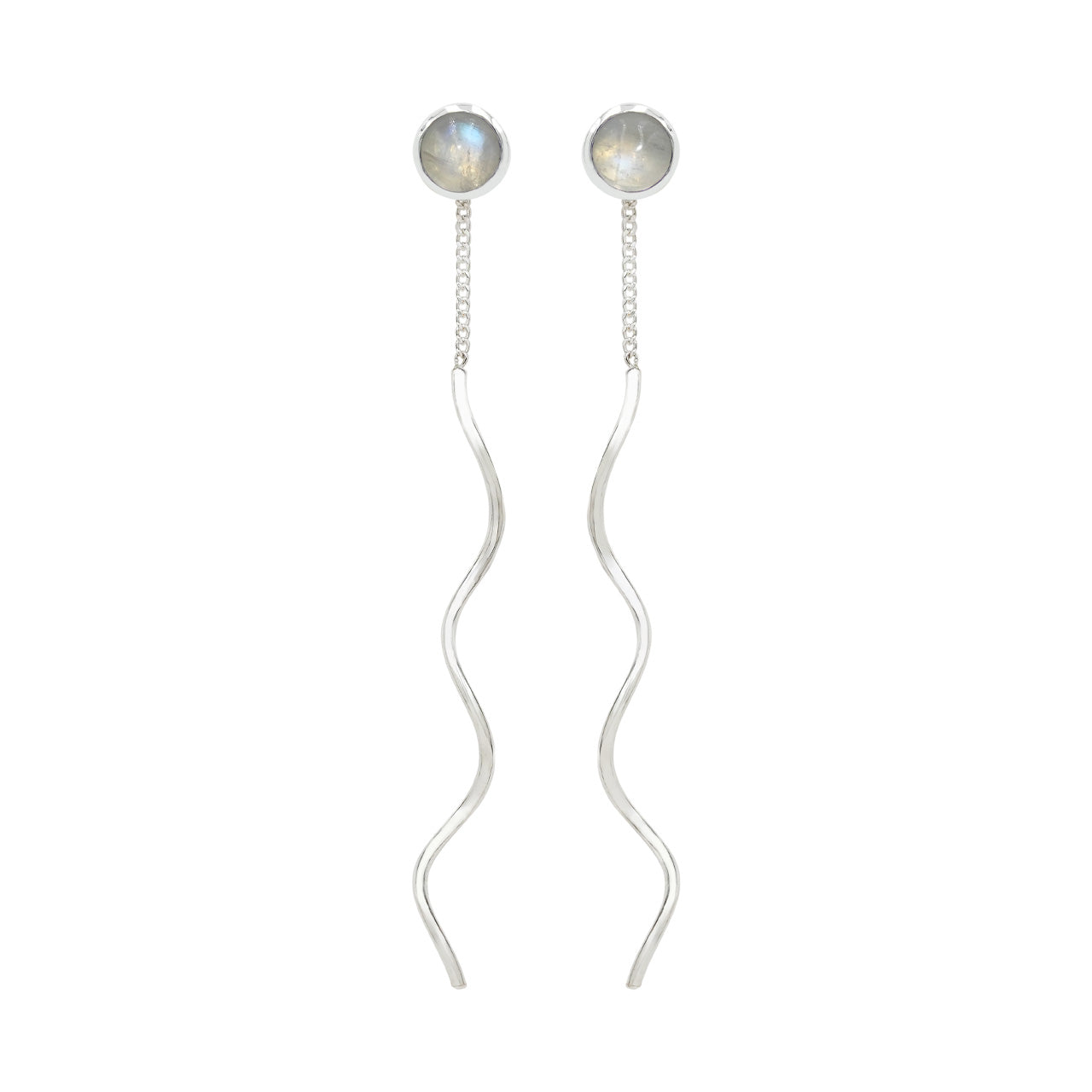 Starborn Polished Rainbow Moonstone Stud Earrings with Flowing Curled Wire Drop in Sterling Silver