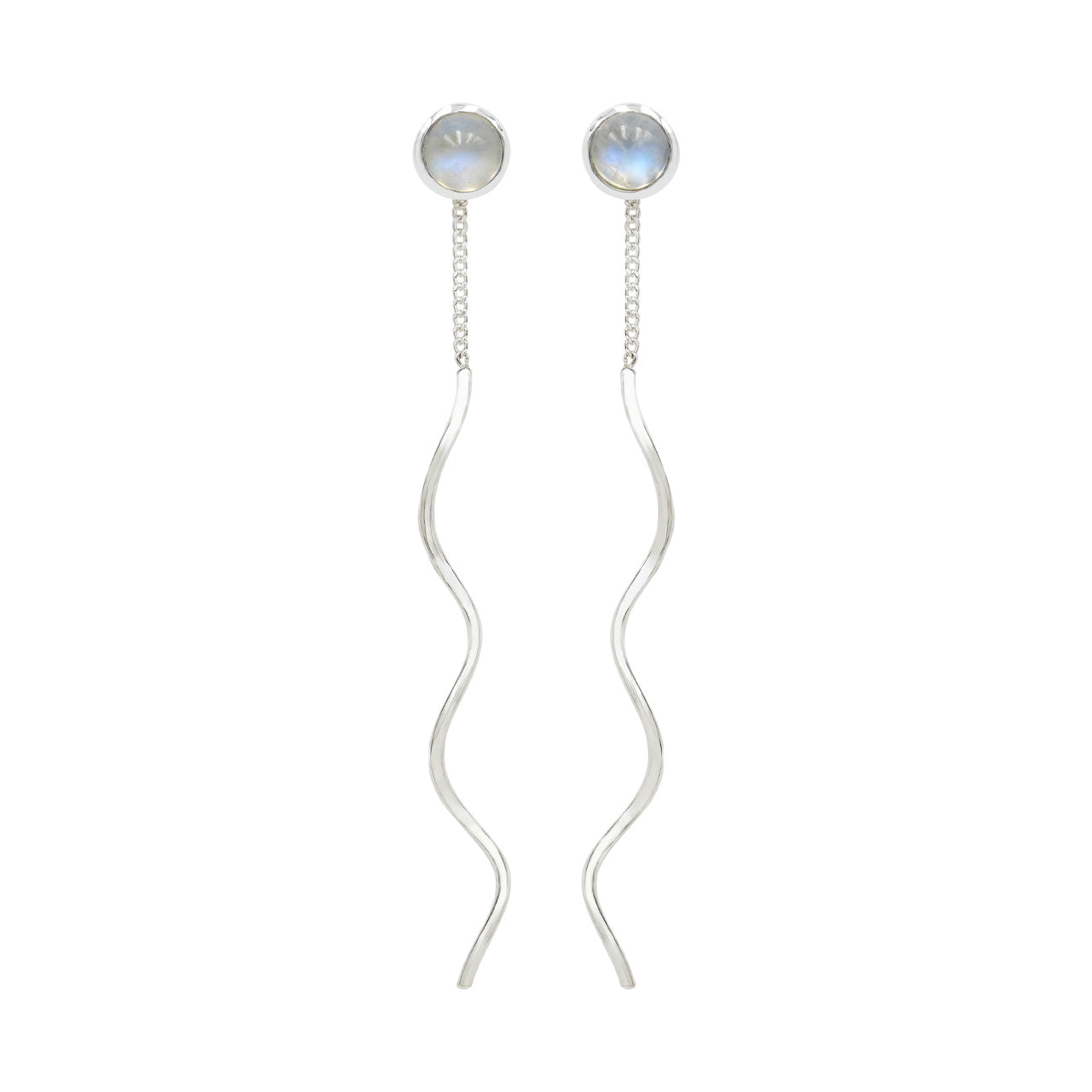 Starborn Polished Rainbow Moonstone Stud Earrings with Flowing Curled Wire Drop in Sterling Silver