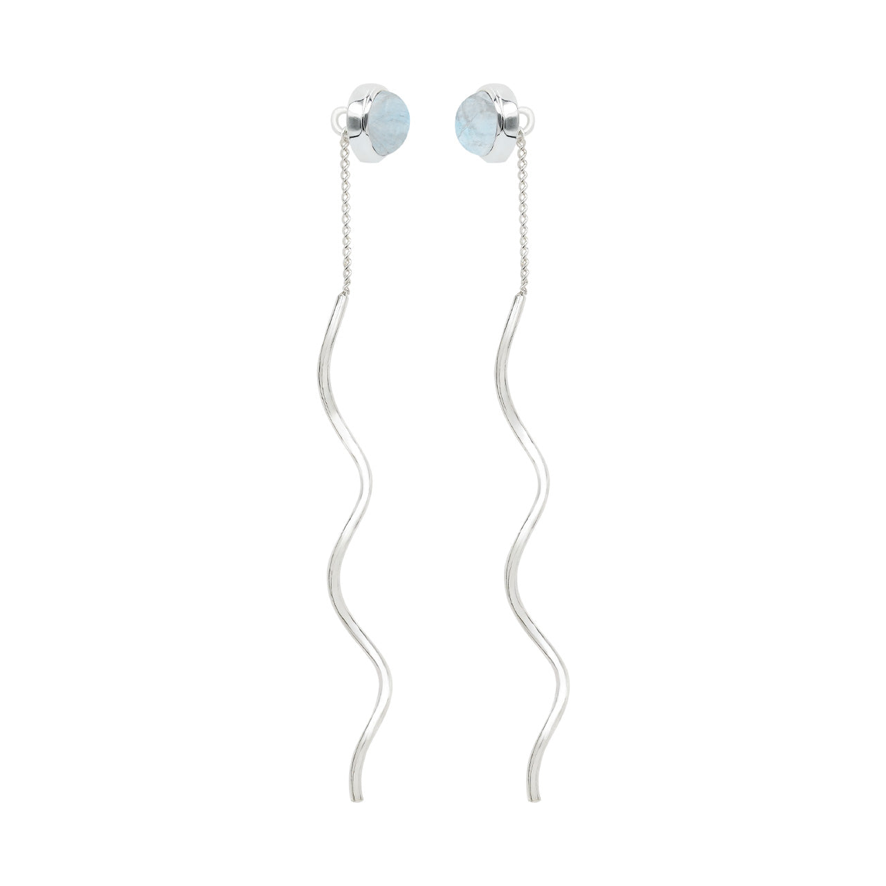 Starborn Polished Rainbow Moonstone Stud Earrings with Flowing Curled Wire Drop in Sterling Silver
