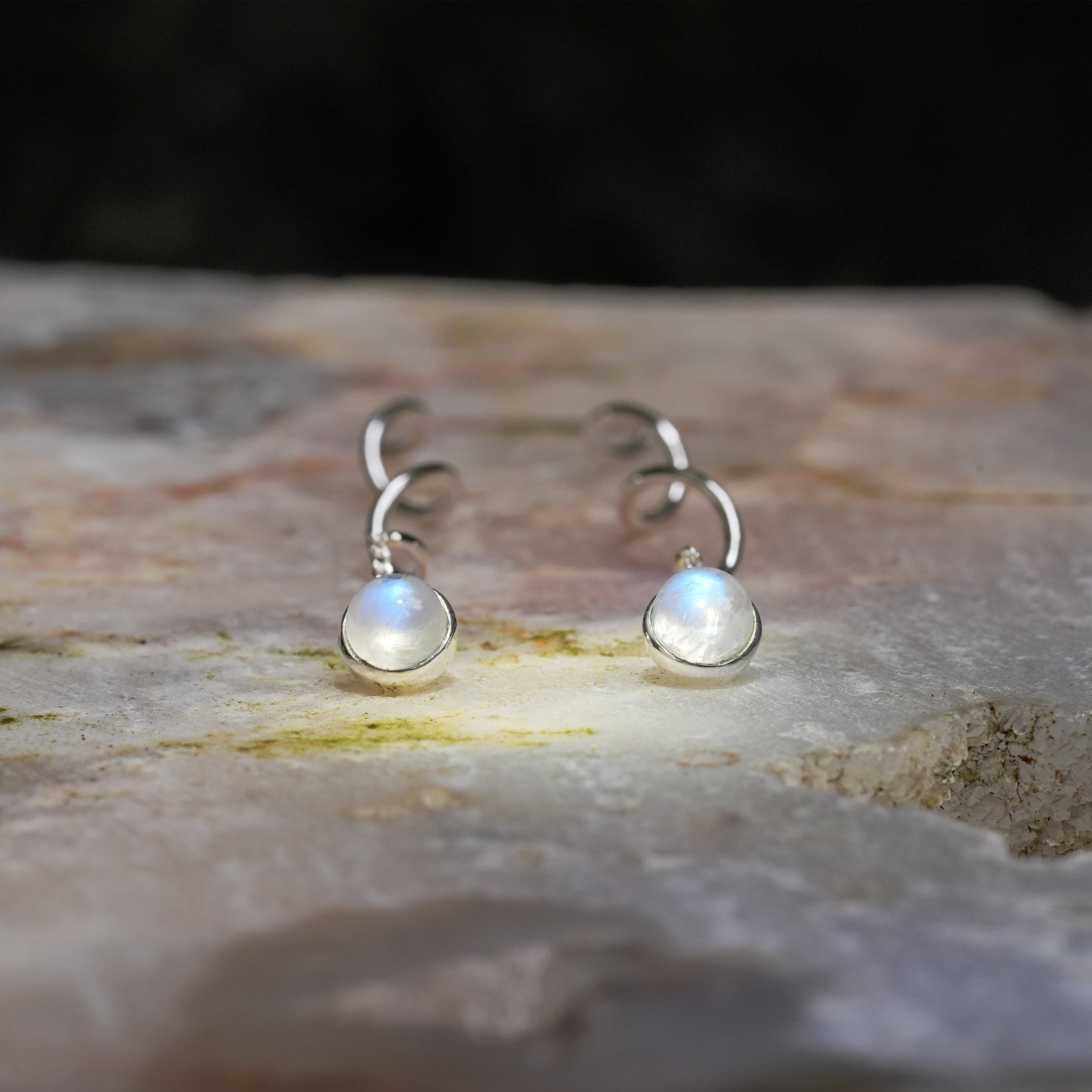 Starborn Polished Rainbow Moonstone Stud Earrings with Flowing Curled Wire Drop in Sterling Silver