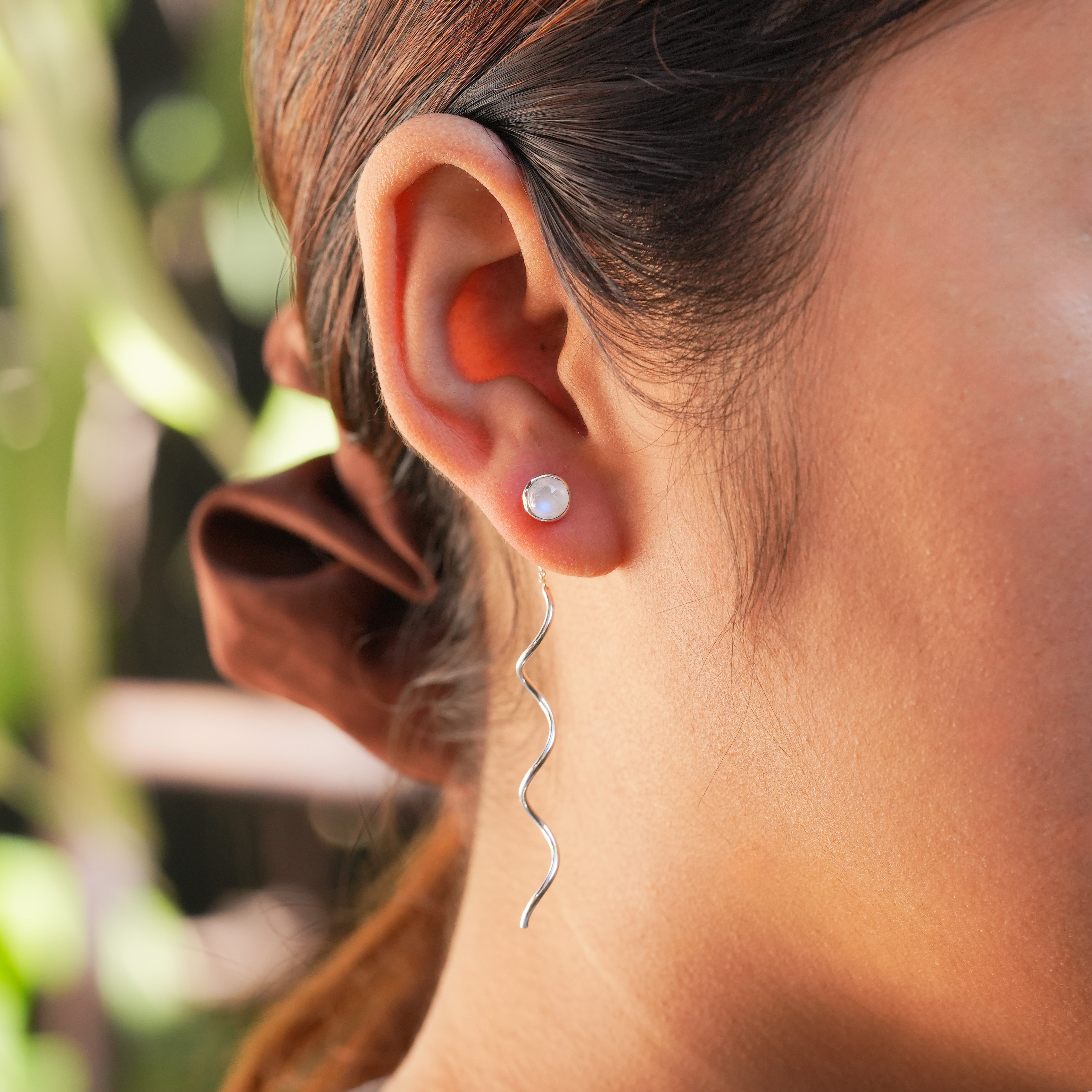 Starborn Polished Rainbow Moonstone Stud Earrings with Flowing Curled Wire Drop in Sterling Silver