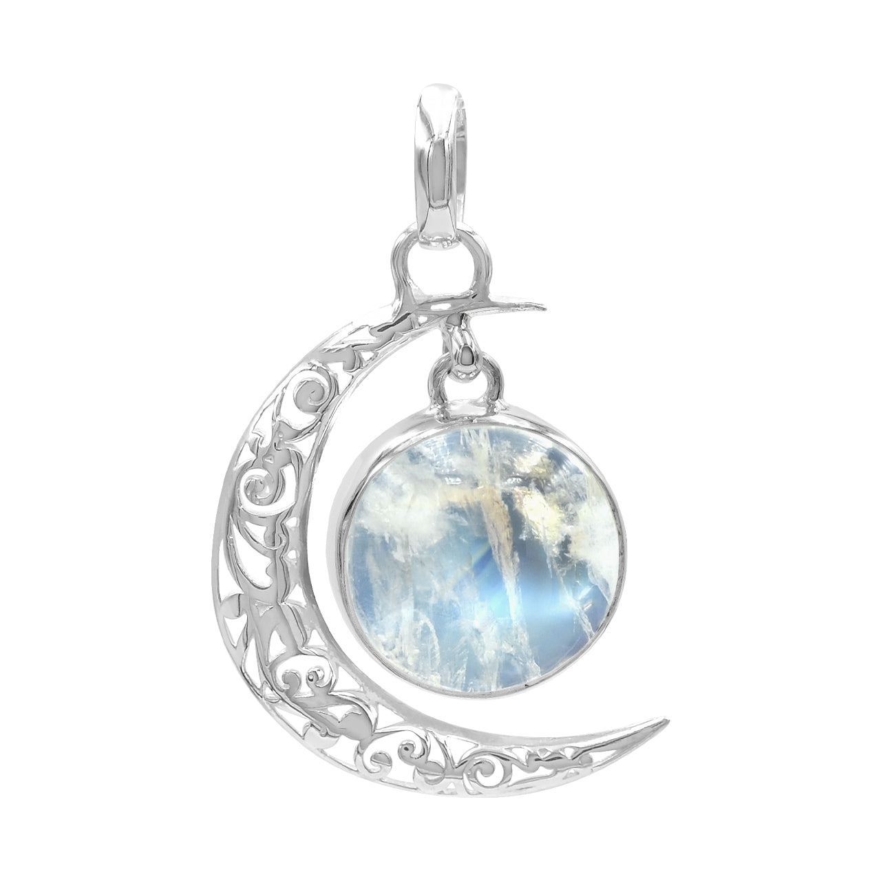 Starborn Regenbogen-Mondstein Halbmond Filigran-Anhänger aus Sterlingsilber