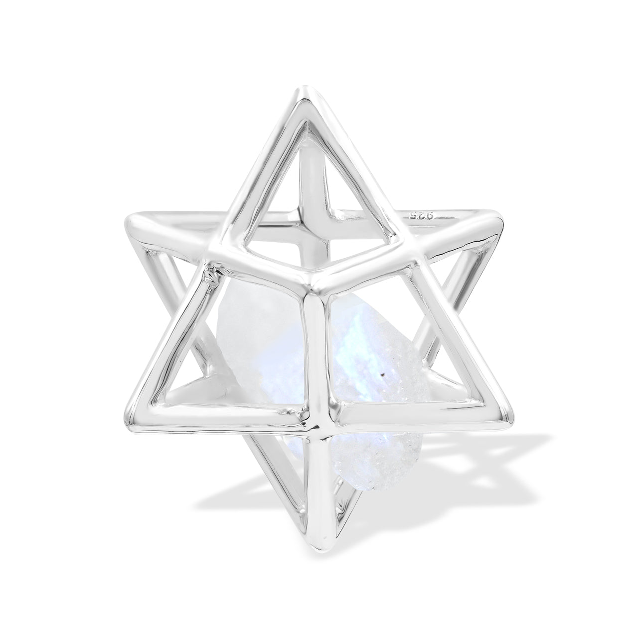 Starborn Natural Raw Rainbow Moonstone in Merkabah Sterling Silver Cage Pendant and Chain